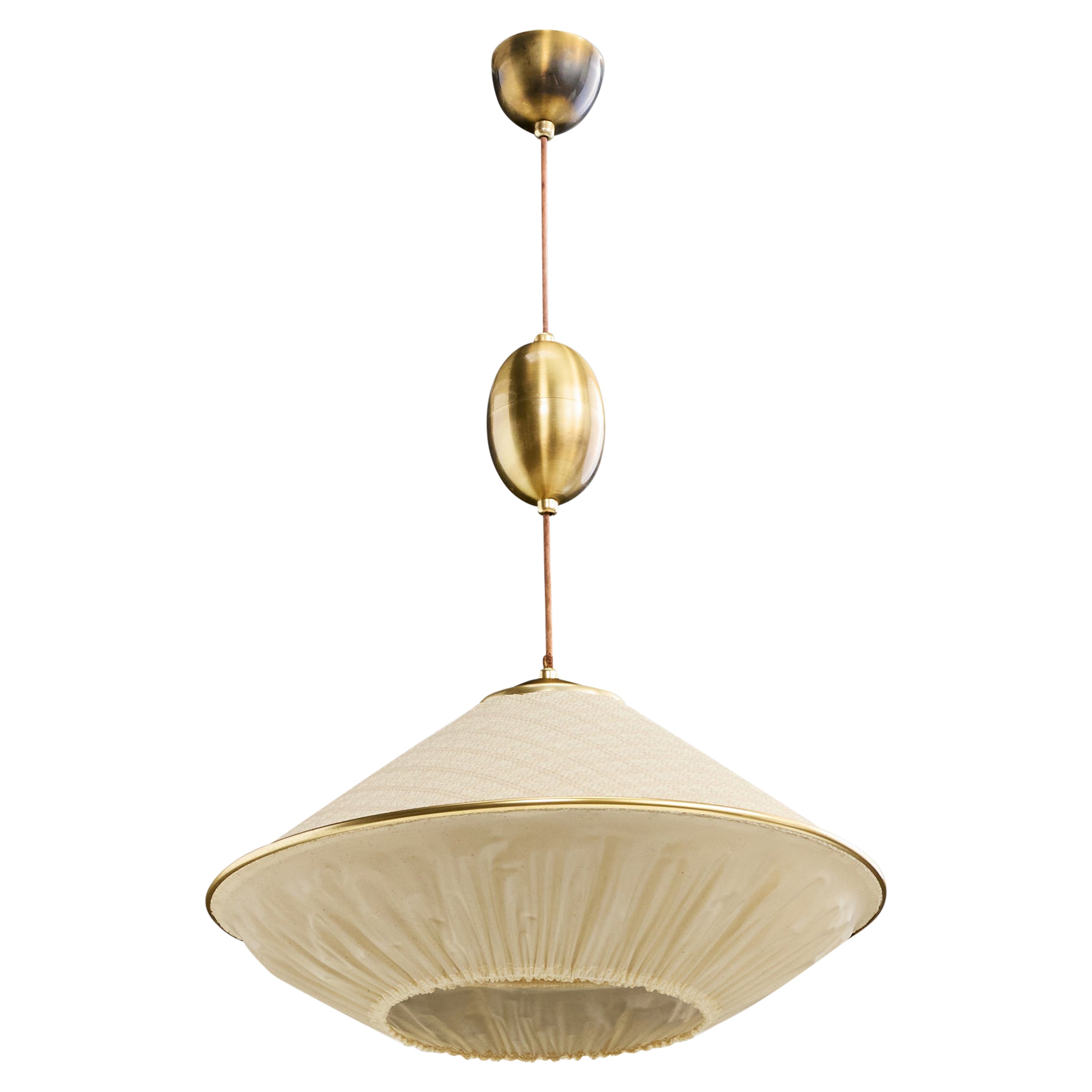 Swedish Designer, Pendant Light, Brass, Fabric, Sweden, 1950s