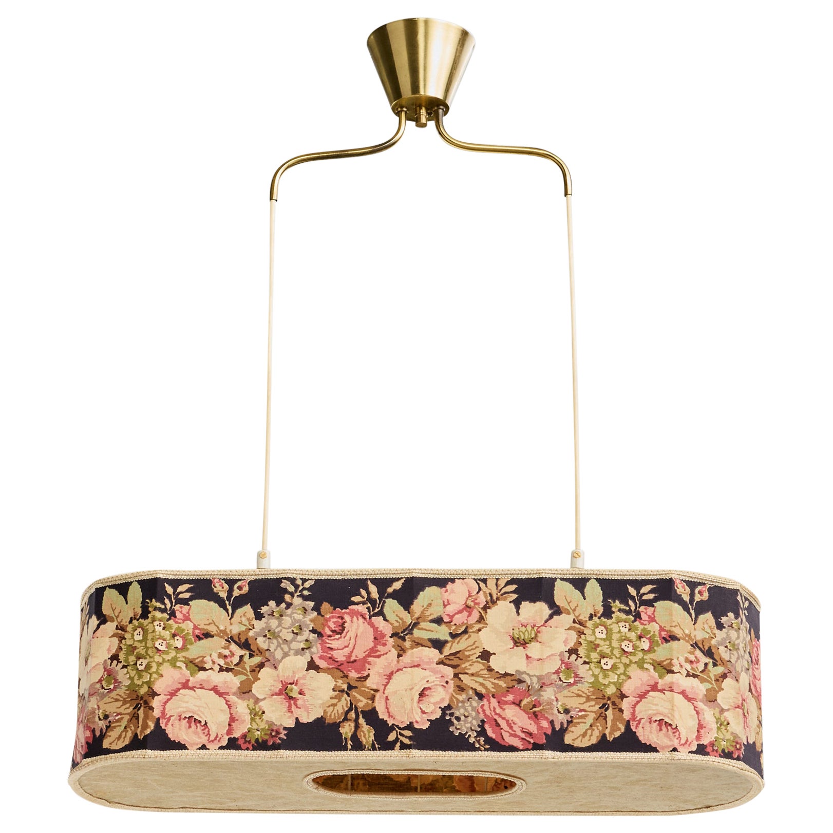 Swedish Designer, Pendant Light, Brass, Fabric, Sweden, 1950s For Sale