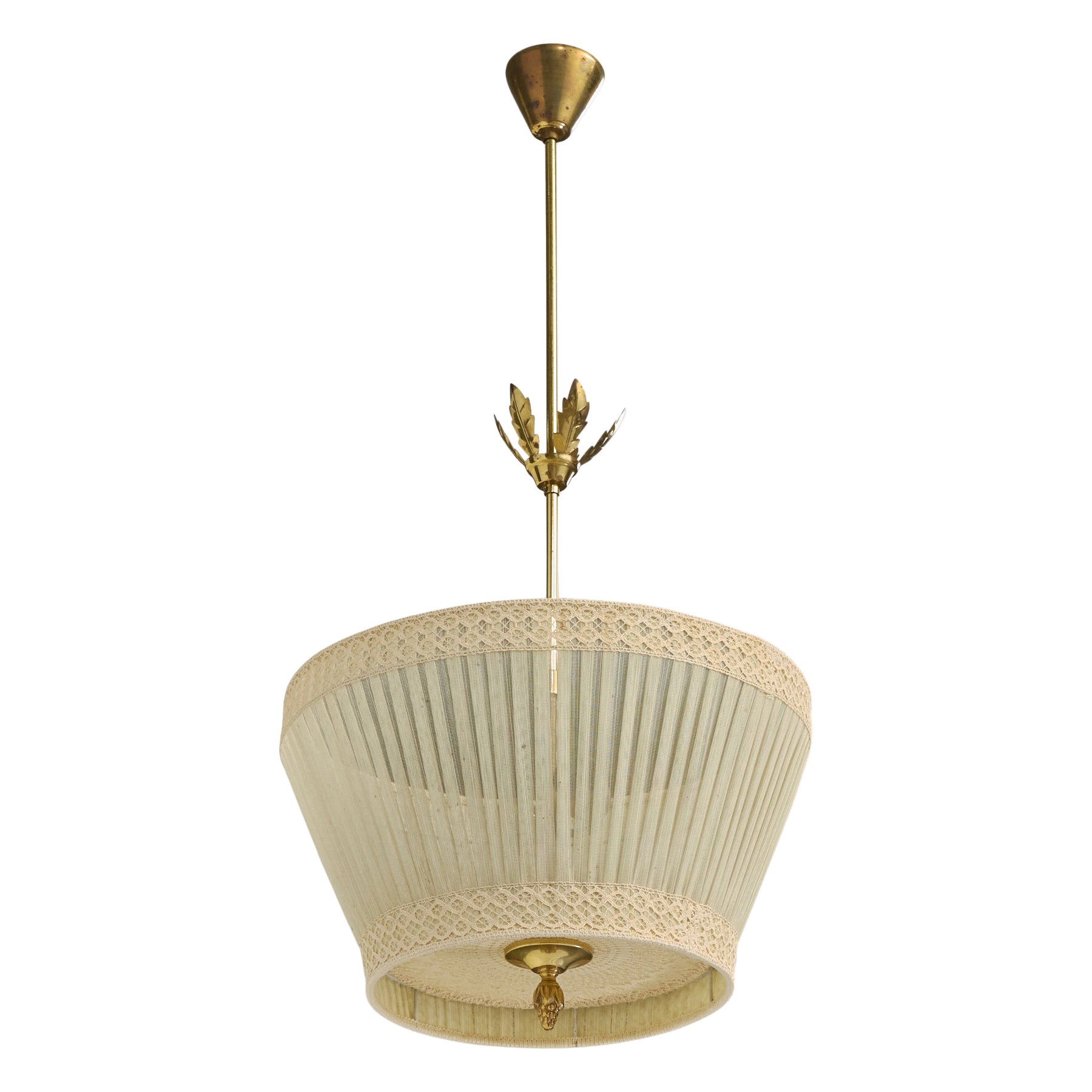 Swedish Designer, Pendant Light, Brass, Fabric, Sweden, 1950s