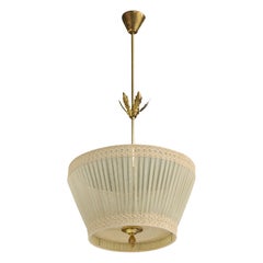 Swedish Designer, Pendant Light, Brass, Fabric, Sweden, 1950s
