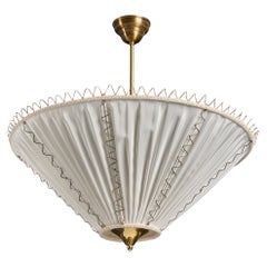 Swedish Designer, Pendant Light, Brass, Fabric, Sweden, 1950s