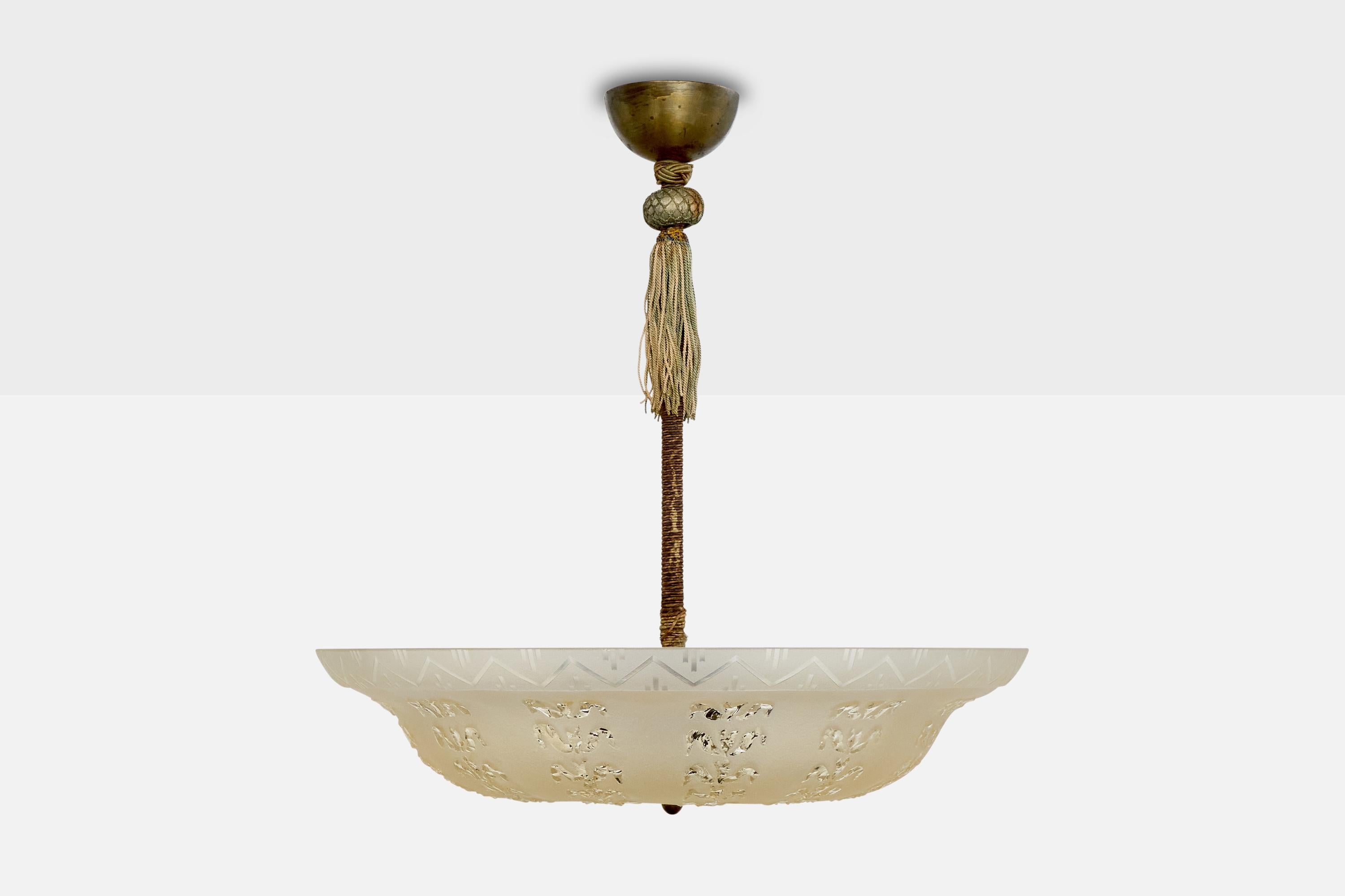 Schwedische Designerin, Pendelleuchte, Messing, Glas, Kordel, Schweden, 1930er Jahre im Angebot 1