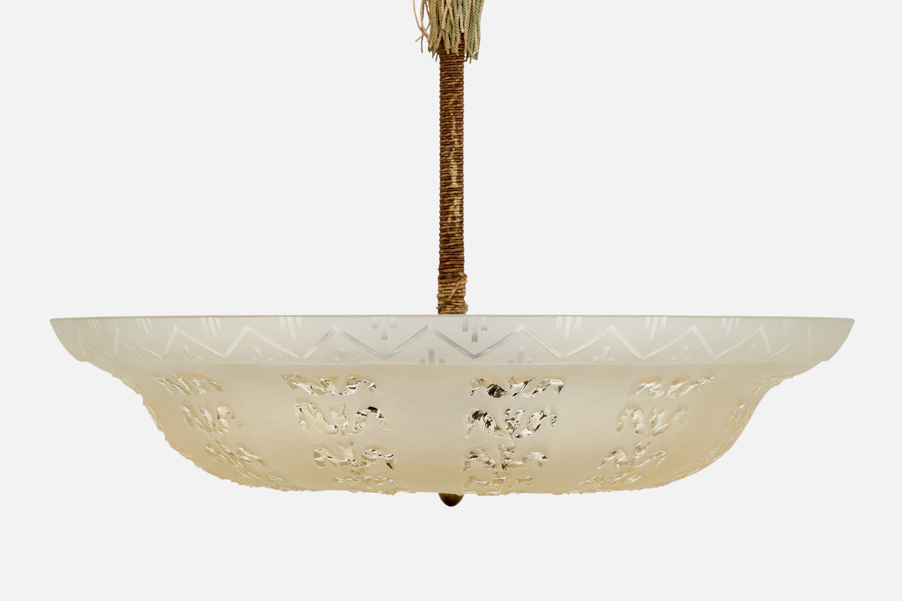 Schwedische Designerin, Pendelleuchte, Messing, Glas, Kordel, Schweden, 1930er Jahre im Angebot 3