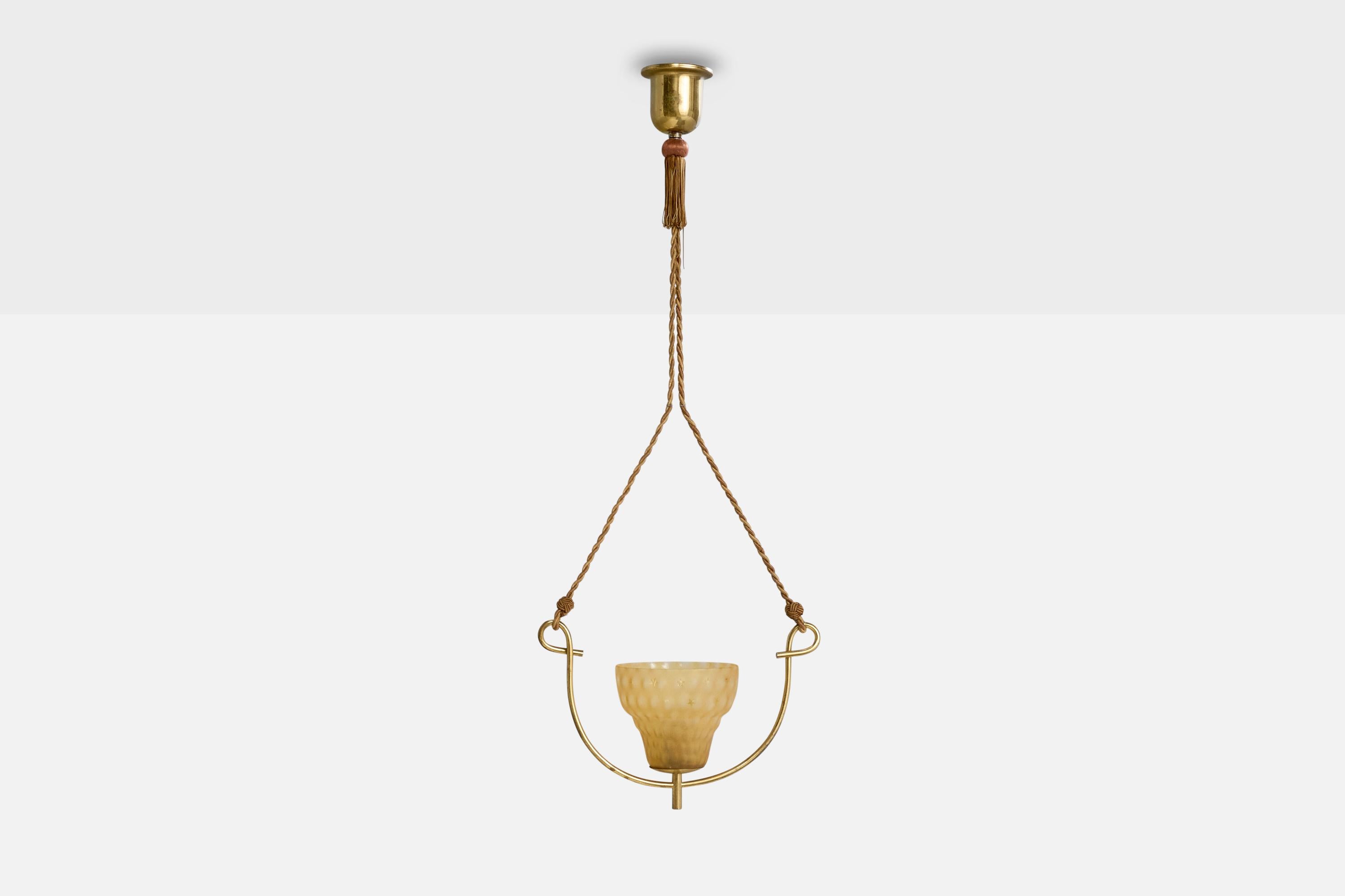 Svedese Designer svedese, lampada a sospensione, ottone, vetro, corde, Svezia, anni '40 in vendita