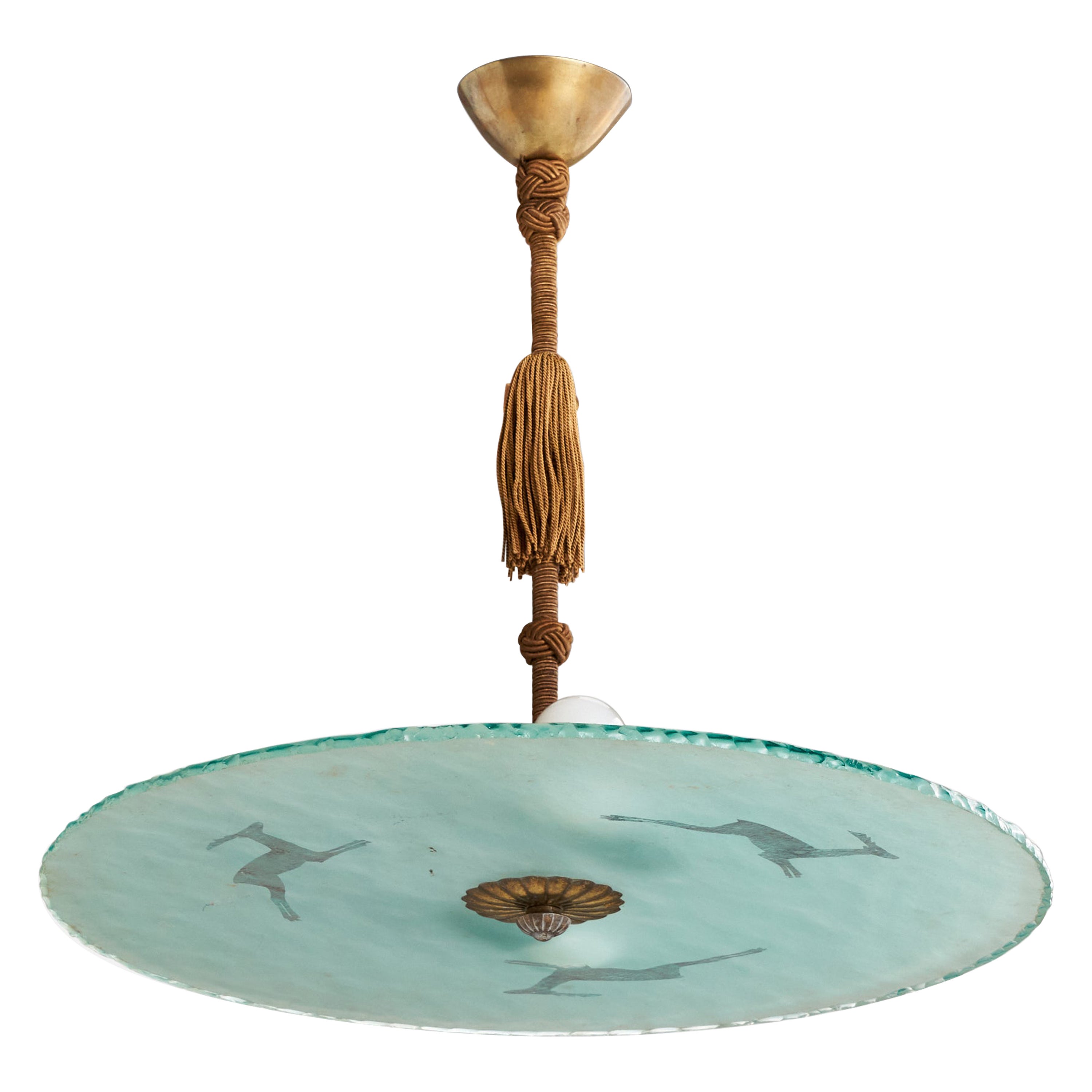 Designer svedese, lampada a sospensione, ottone, vetro, tessuto, Svezia, anni '1930