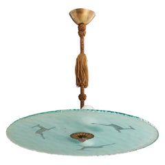 Swedish Designer, Pendant Light, Brass, Glass, Fabric, Sweden, 1930s