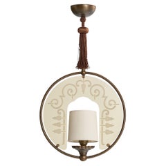 Swedish Designer, Pendant Light, Brass, Glass, Fabric, Sweden, 1930s