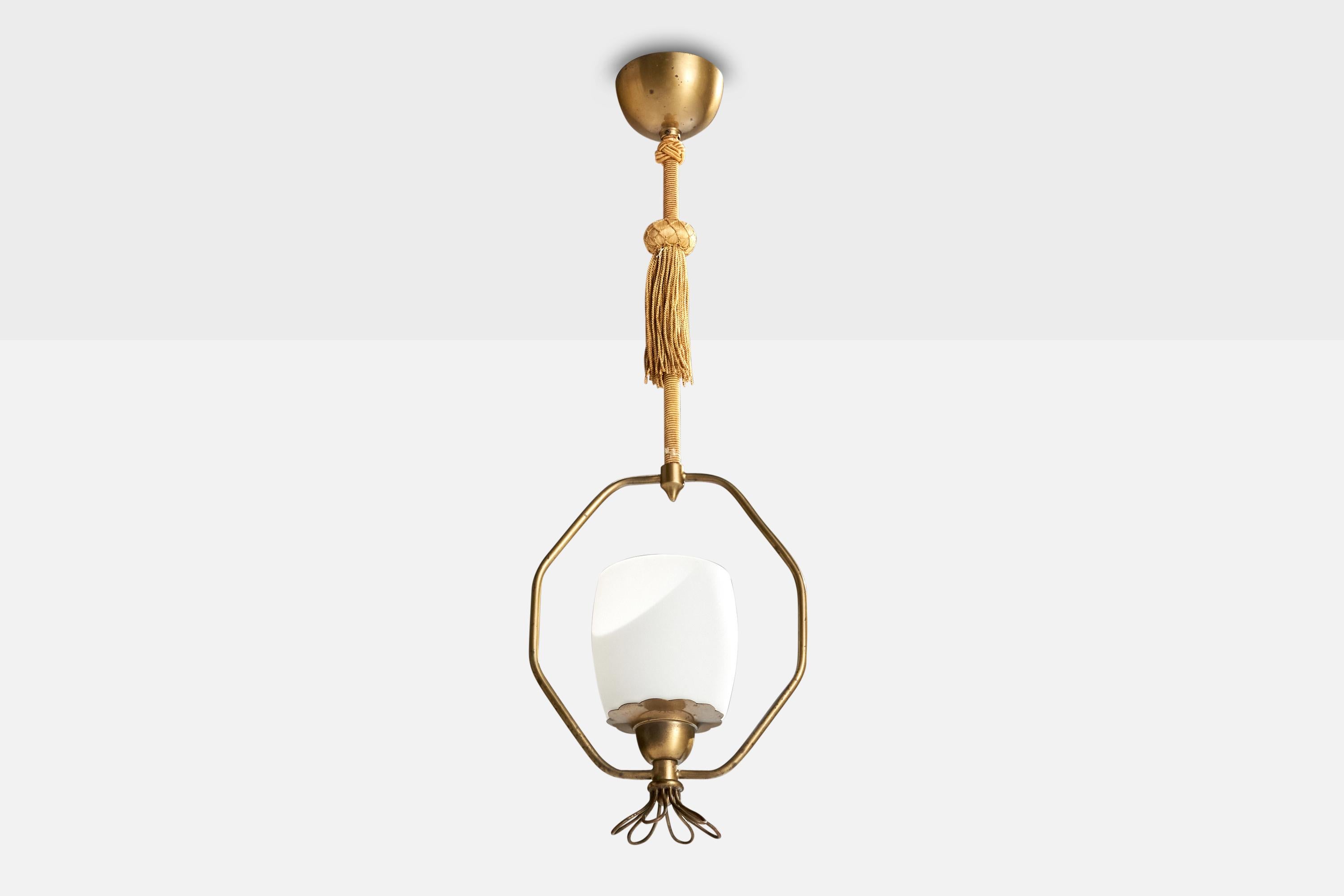 A brass, opaline glass and beige fabric pendant light designed and produced in Sweden, c. 1940s.

Overall Dimensions (inches): 27” H x 9” Diameter

Dimensions of Canopy:  2.25” H x 37.5” W x 3.75” D

Stem length: 12” H

Bulb Specifications: