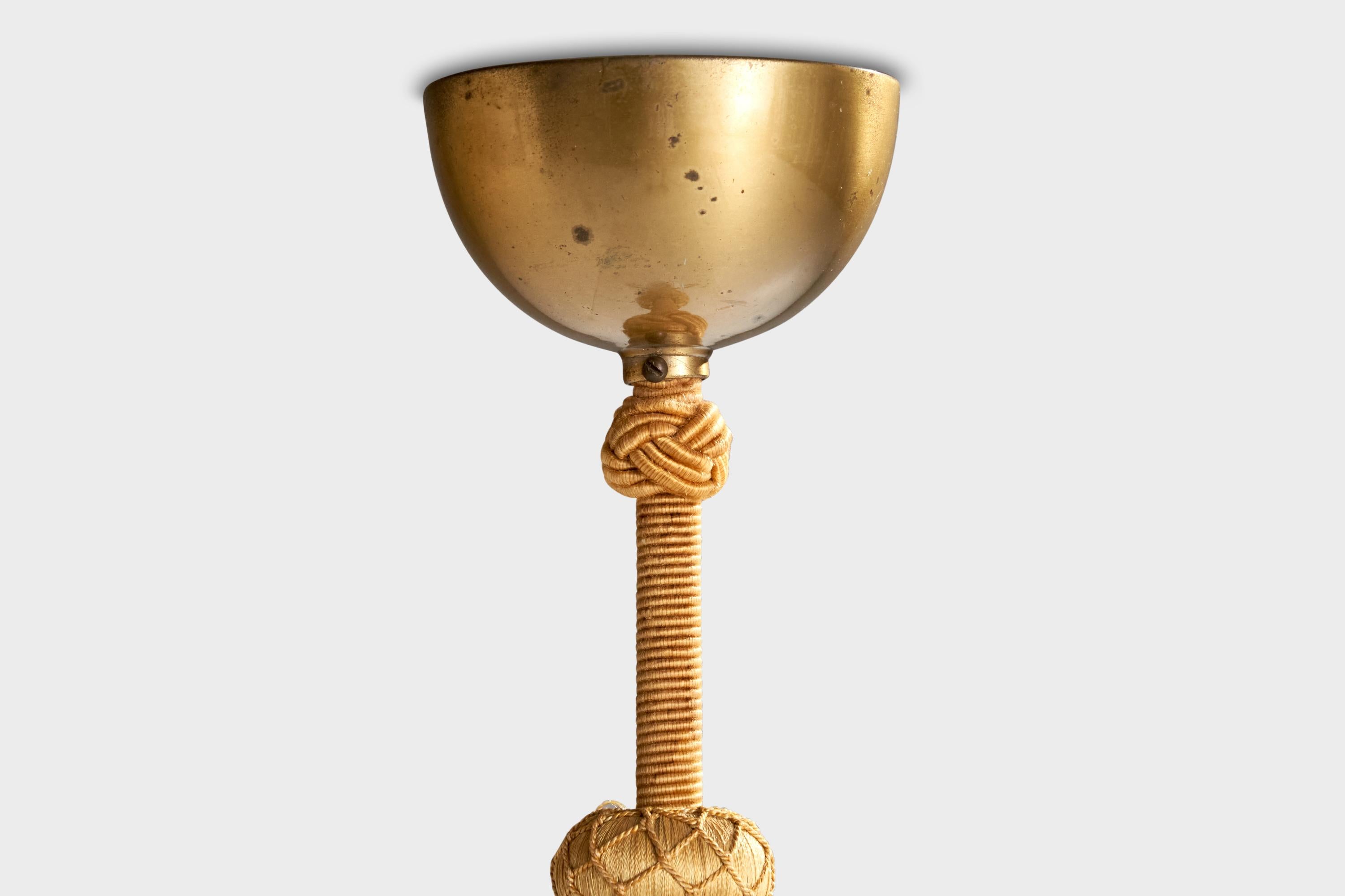 Scandinavian Modern Swedish Designer, Pendant Light, Brass, Glass, Fabric, Sweden, 1940s For Sale