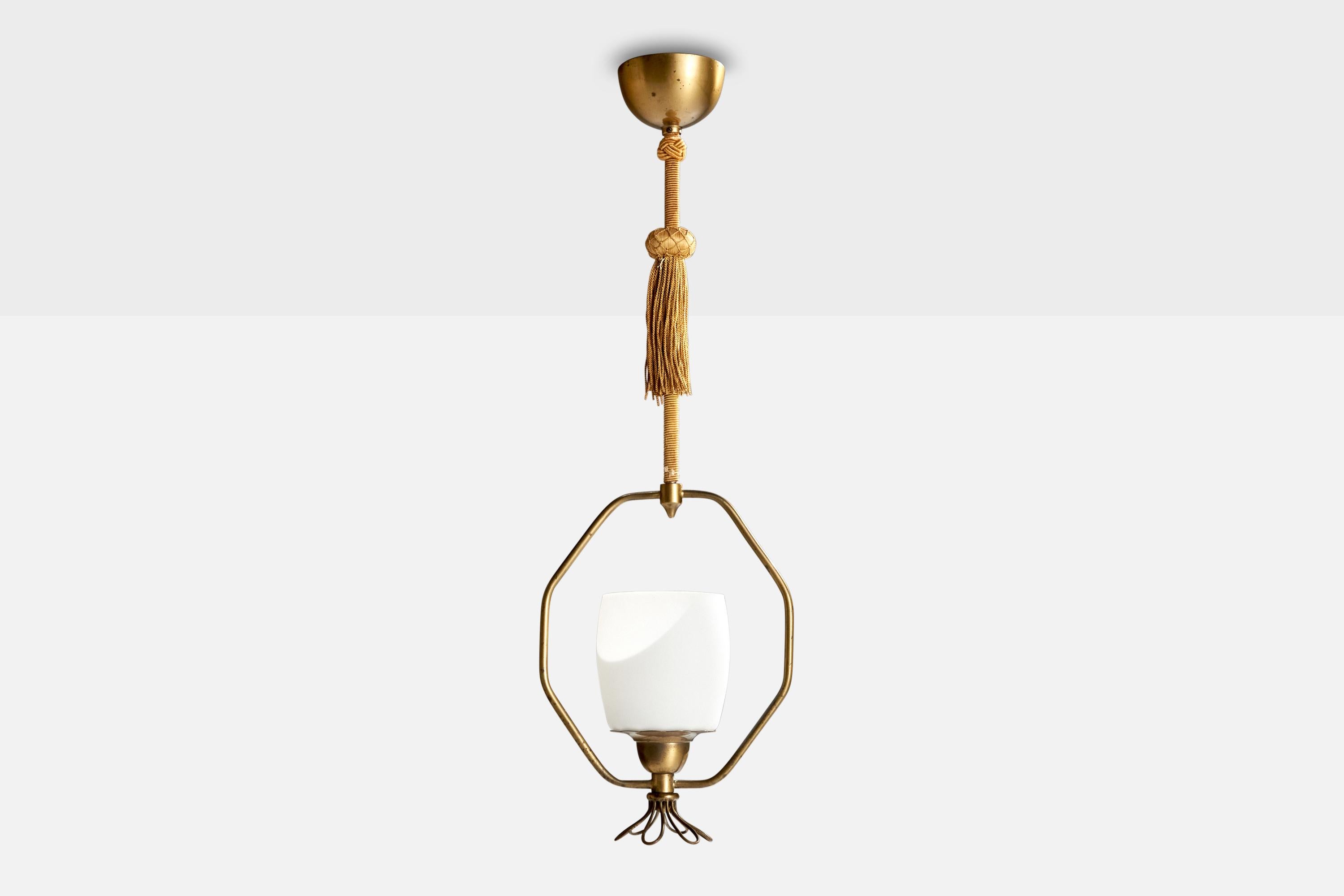Swedish Designer, Pendant Light, Brass, Glass, Fabric, Sweden, 1940s In Good Condition For Sale In High Point, NC