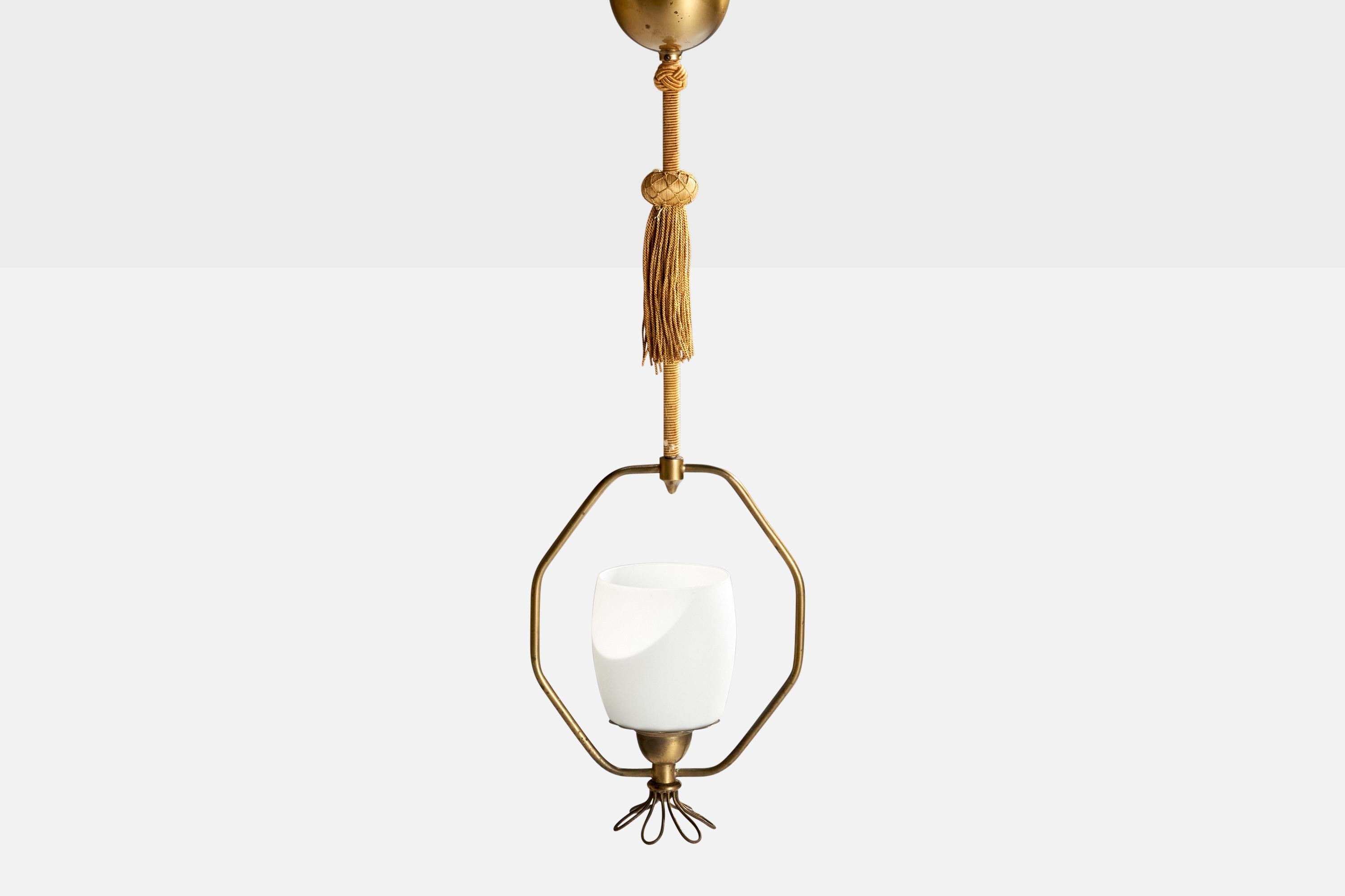 Mid-20th Century Swedish Designer, Pendant Light, Brass, Glass, Fabric, Sweden, 1940s For Sale
