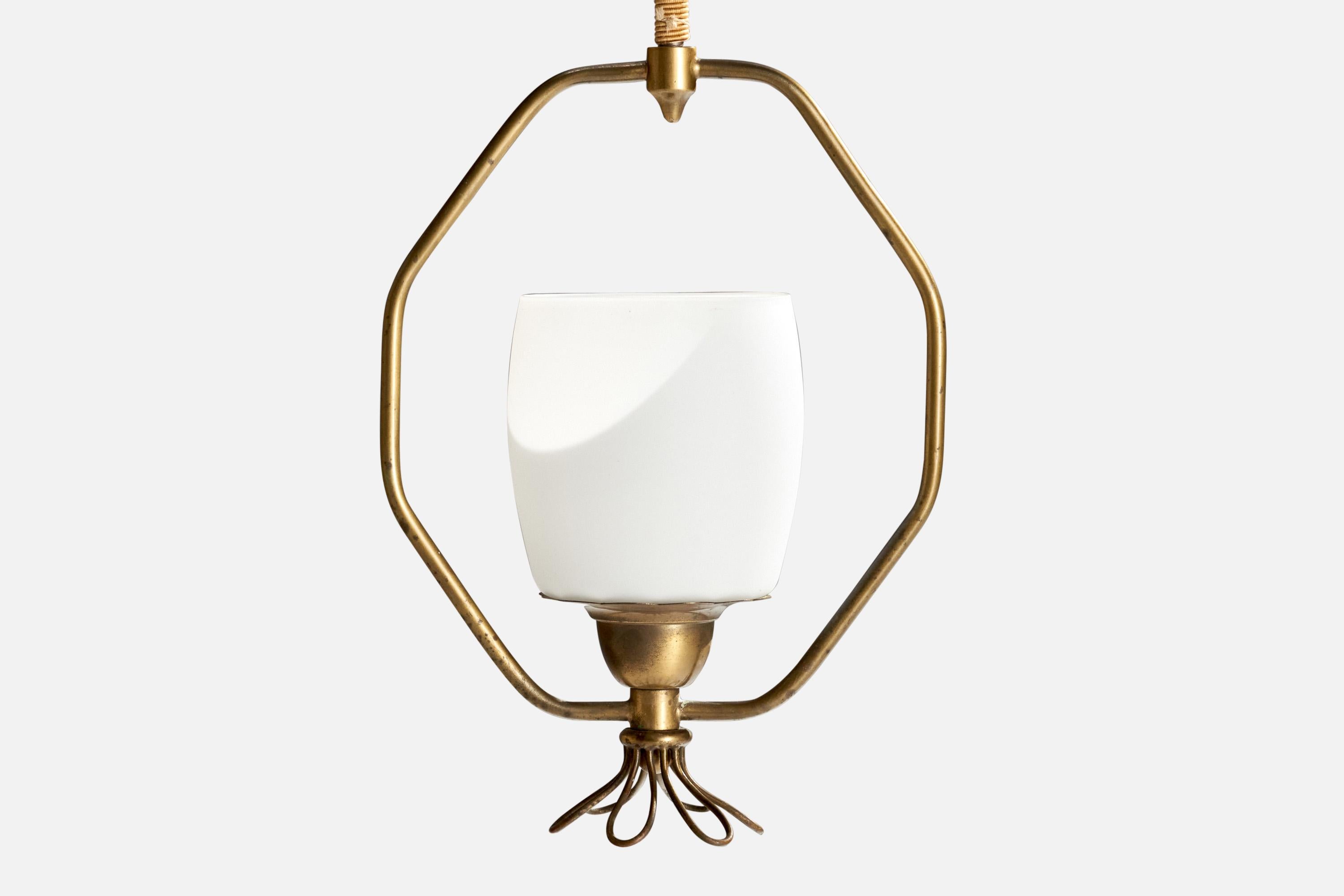 Swedish Designer, Pendant Light, Brass, Glass, Fabric, Sweden, 1940s For Sale 1