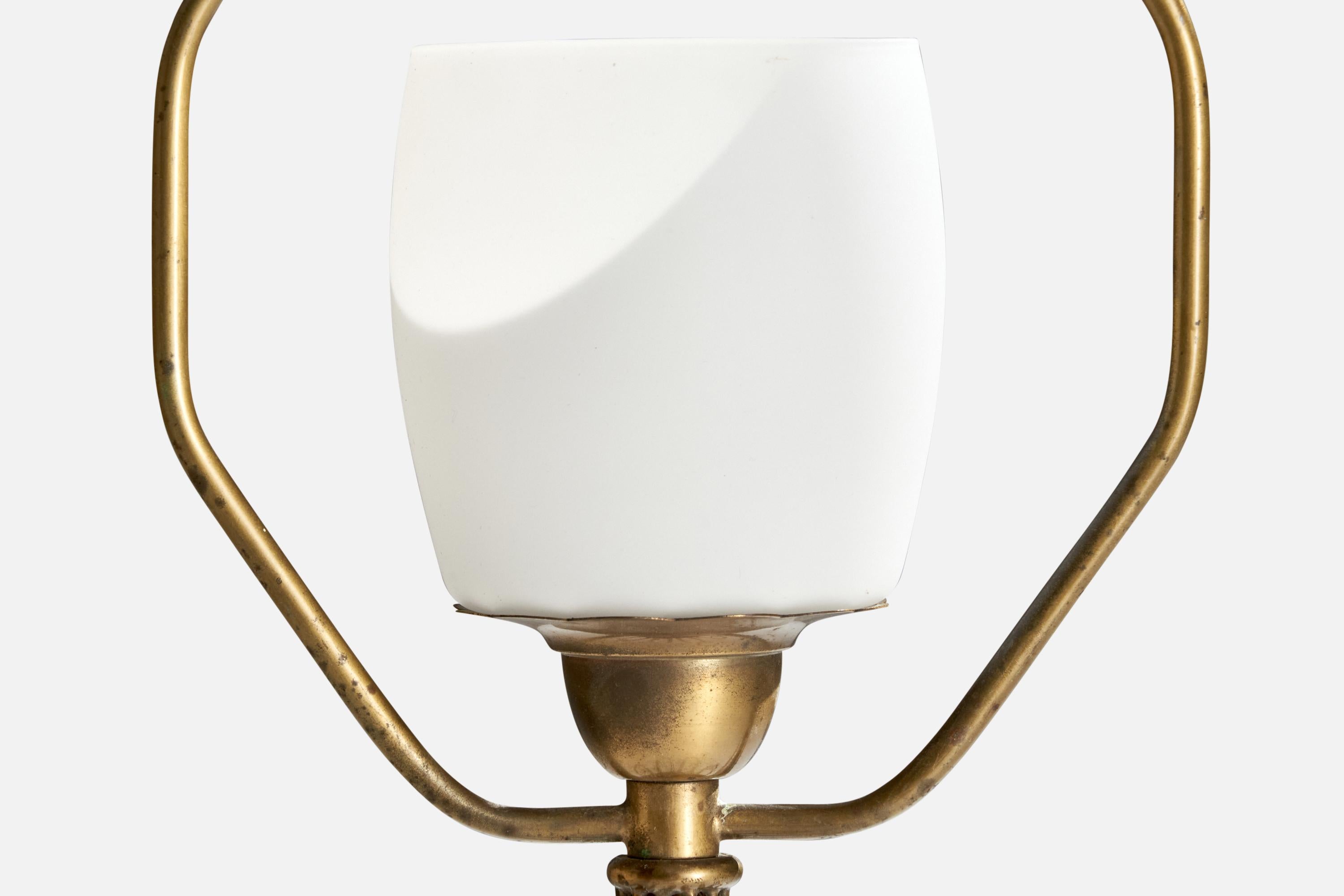 Swedish Designer, Pendant Light, Brass, Glass, Fabric, Sweden, 1940s For Sale 4
