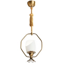 Swedish Designer, Pendant Light, Brass, Glass, Fabric, Sweden, 1940s