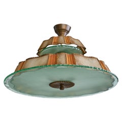 Swedish Designer, Pendant Light, Brass, Glass, Parchment, Sweden, 1930s