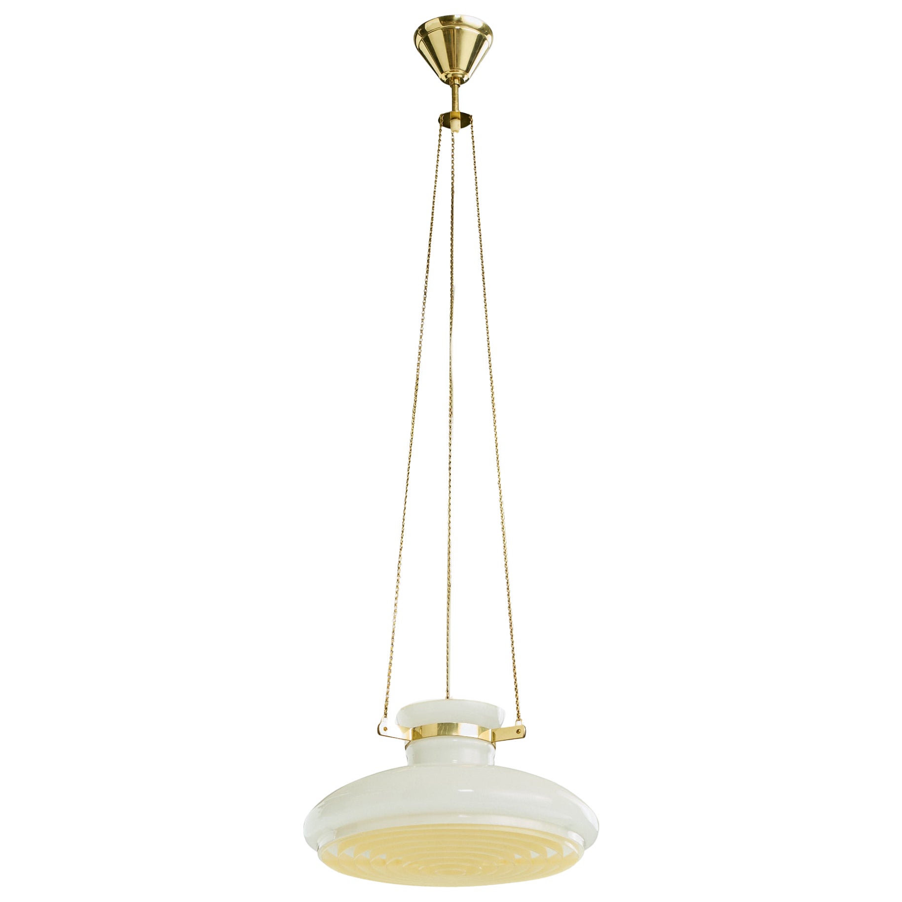 Swedish Designer, Pendant Light, Brass, Glass, Plastic, Sweden, 1970s
