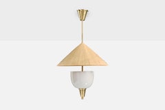 Swedish Designer, Pendant Light, Brass, Glass, Rice Paper, Sweden, 1950s