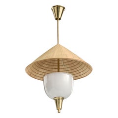 Swedish Designer, Pendant Light, Brass, Glass, Rice Paper, Sweden, 1950s