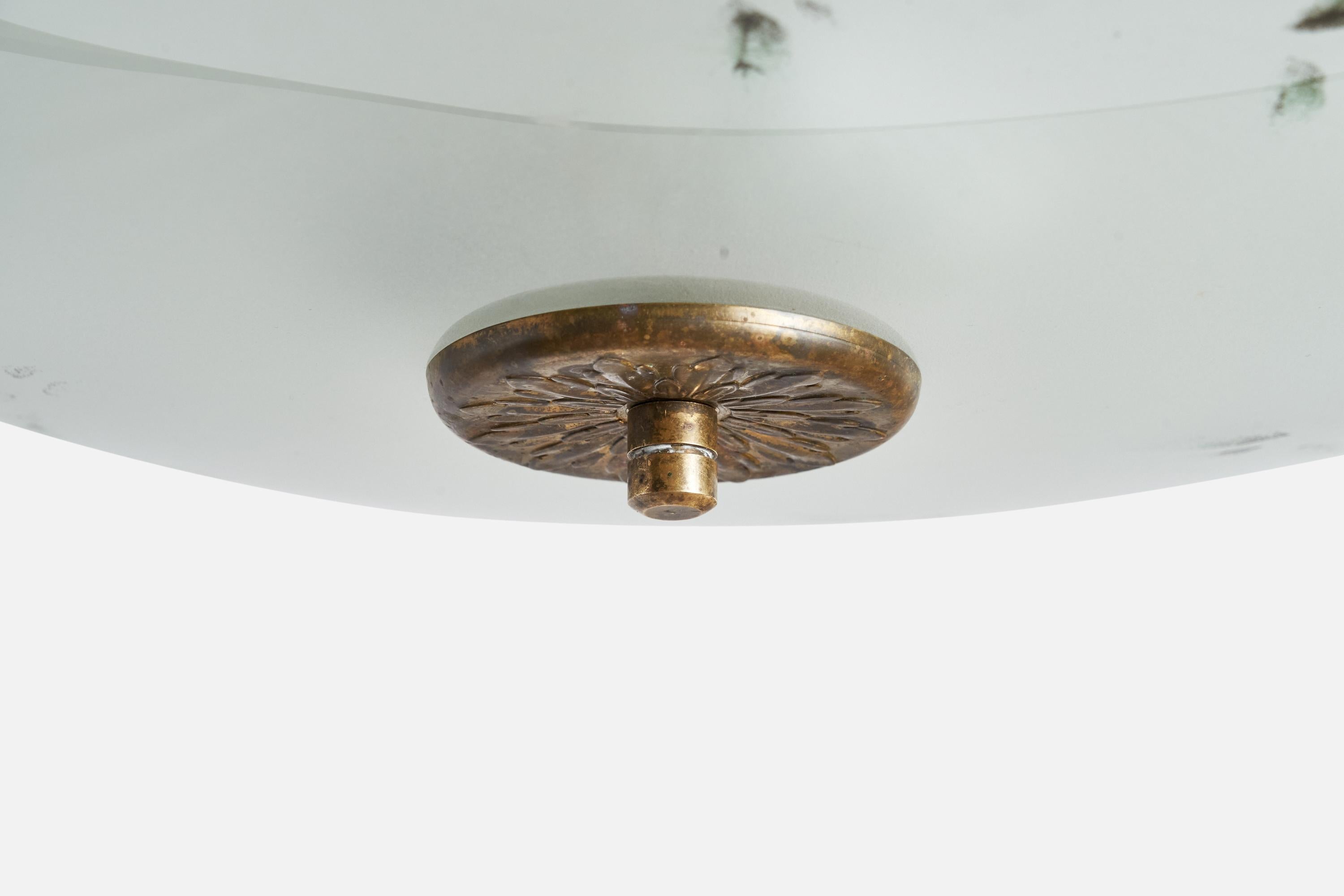 A brass and glass pendant light designed and produced in Sweden, 1930s.

Dimensions of canopy (inches): 2”  H x 3.5” Diameter
Socket takes standard E-26 bulbs. 2 sockets.There is no maximum wattage stated on the fixture. All lighting will be