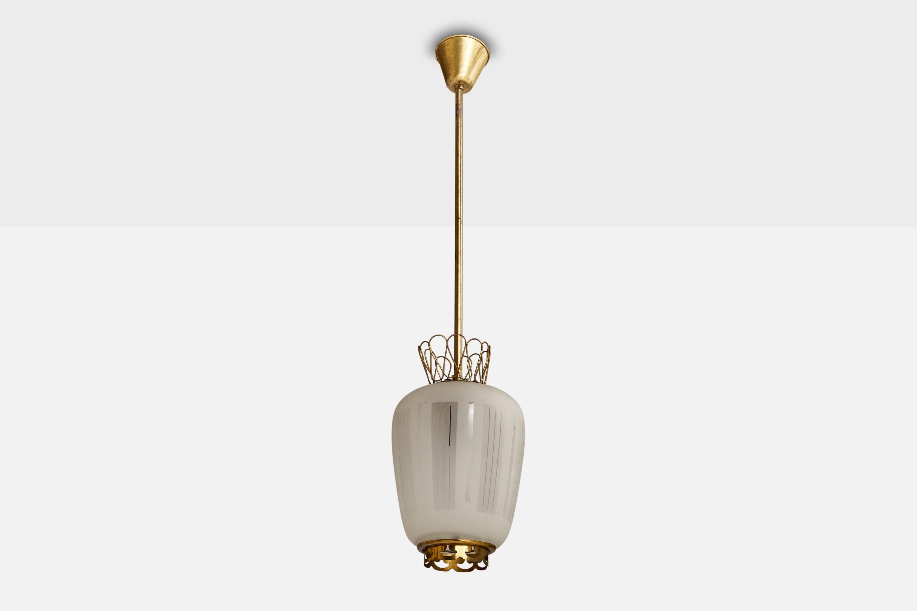 A brass and etched glass pendant light designed and produced in Sweden, 1930s.

Dimensions of canopy (inches): 3.25” H x 3.75” Diameter
Socket takes standard E-26 bulbs. 1 socket.There is no maximum wattage stated on the fixture. All lighting will