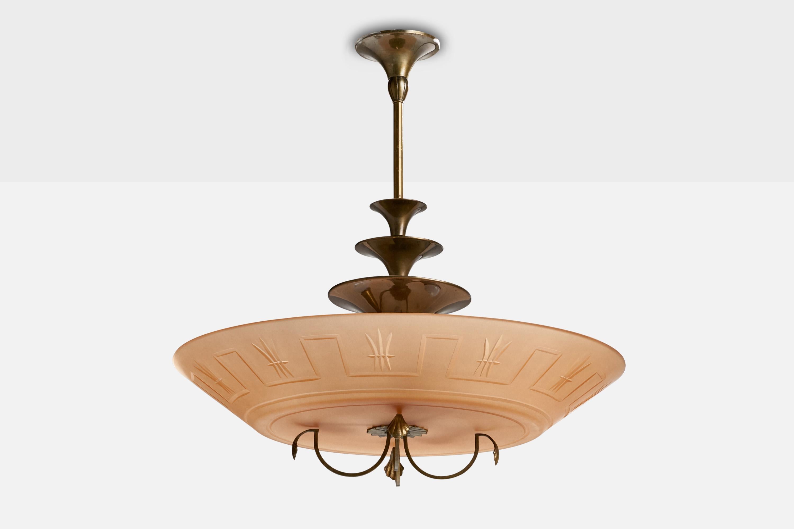 A brass and orange glass pendant light designed and produced in Sweden, 1930s.

Dimensions of canopy (inches): 2.” H x 4.44” Diameter
Socket takes standard E-26 bulbs. 3 socket.There is no maximum wattage stated on the fixture. All lighting will be