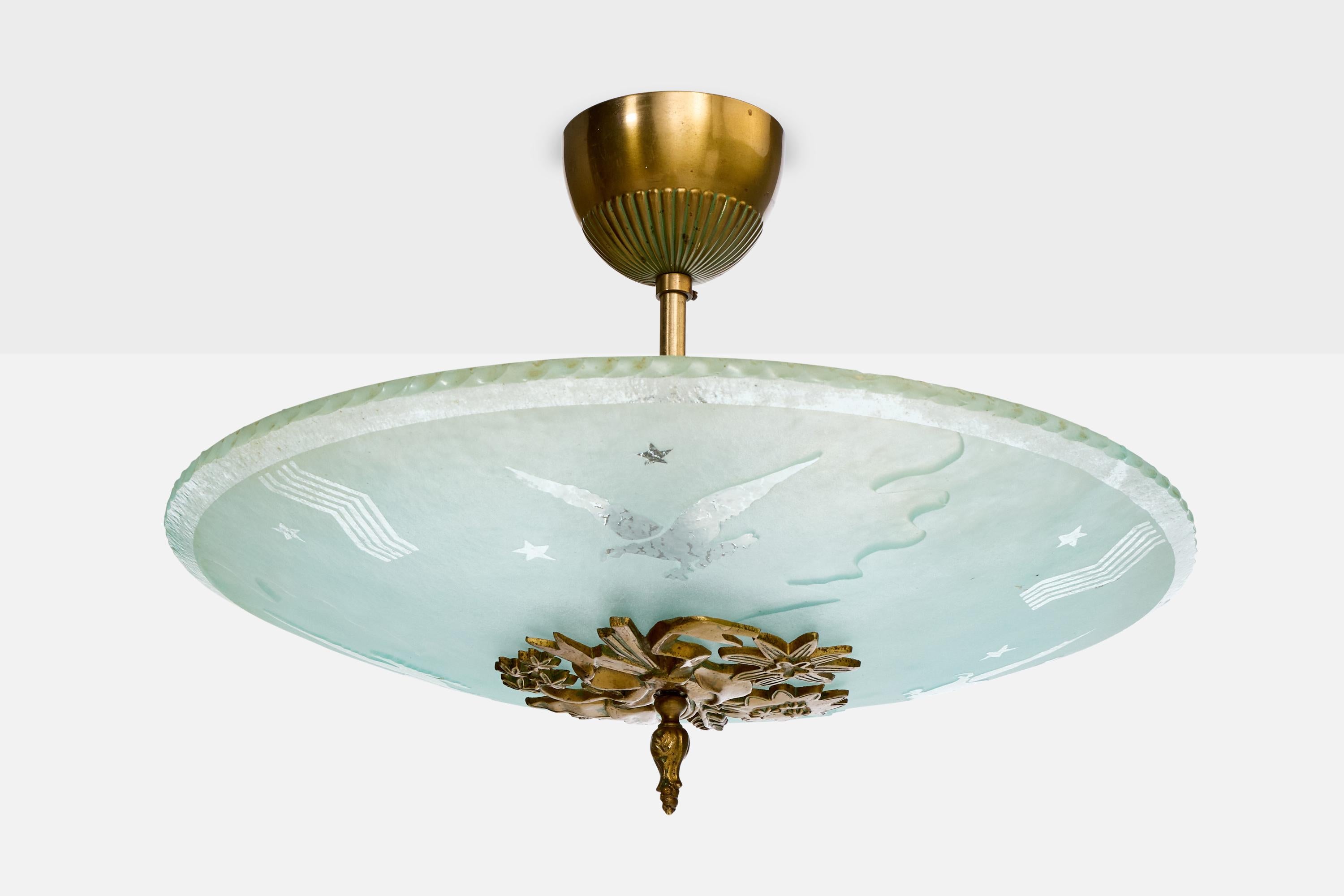 Lampada a sospensione in ottone e vetro acidato progettata e prodotta in Svezia, anni '1930 circa.

Dimensioni complessive (pollici): 11,75 