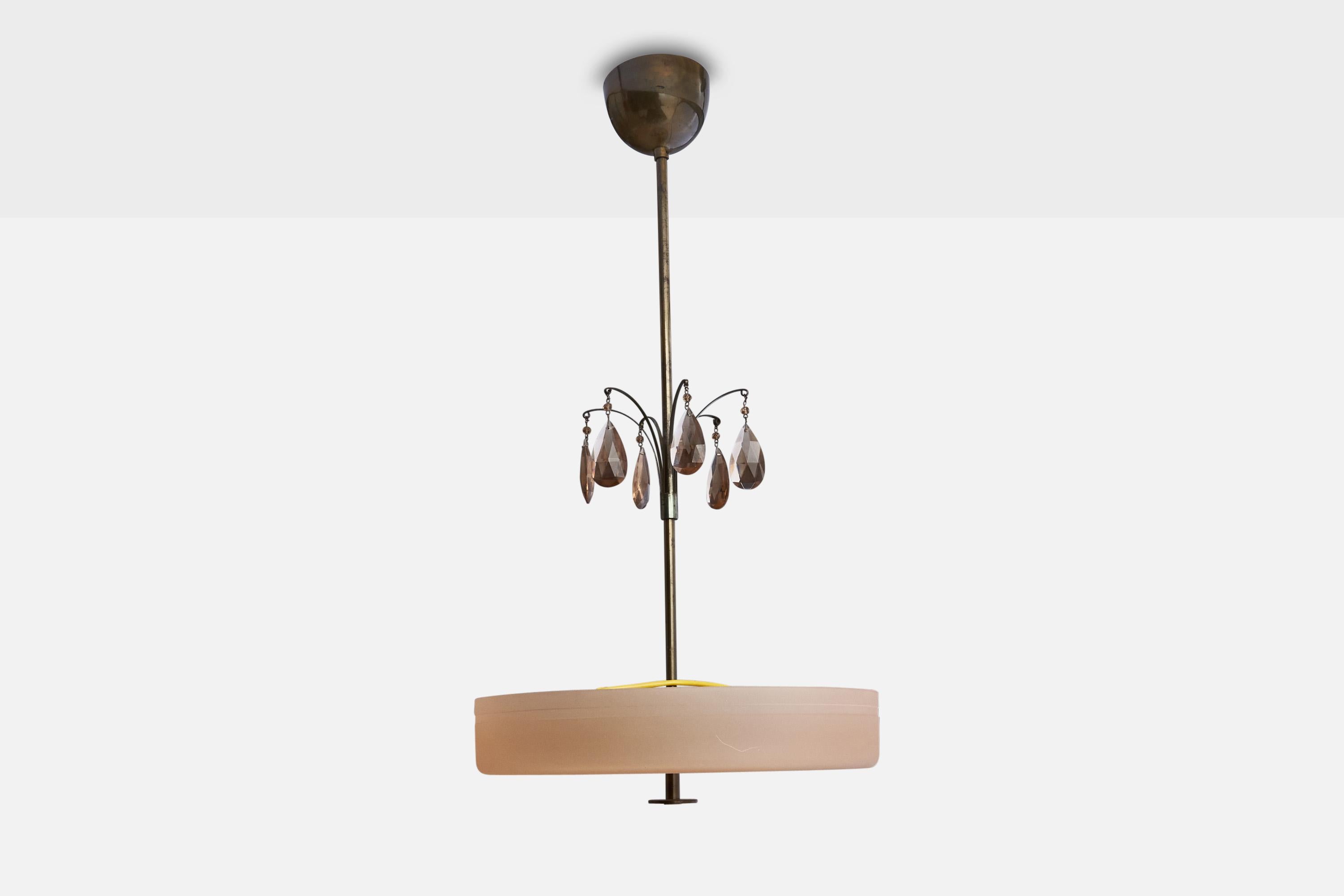 Scandinavian Modern Swedish Designer, Pendant Light, Brass, Glass, Sweden, 1930s For Sale
