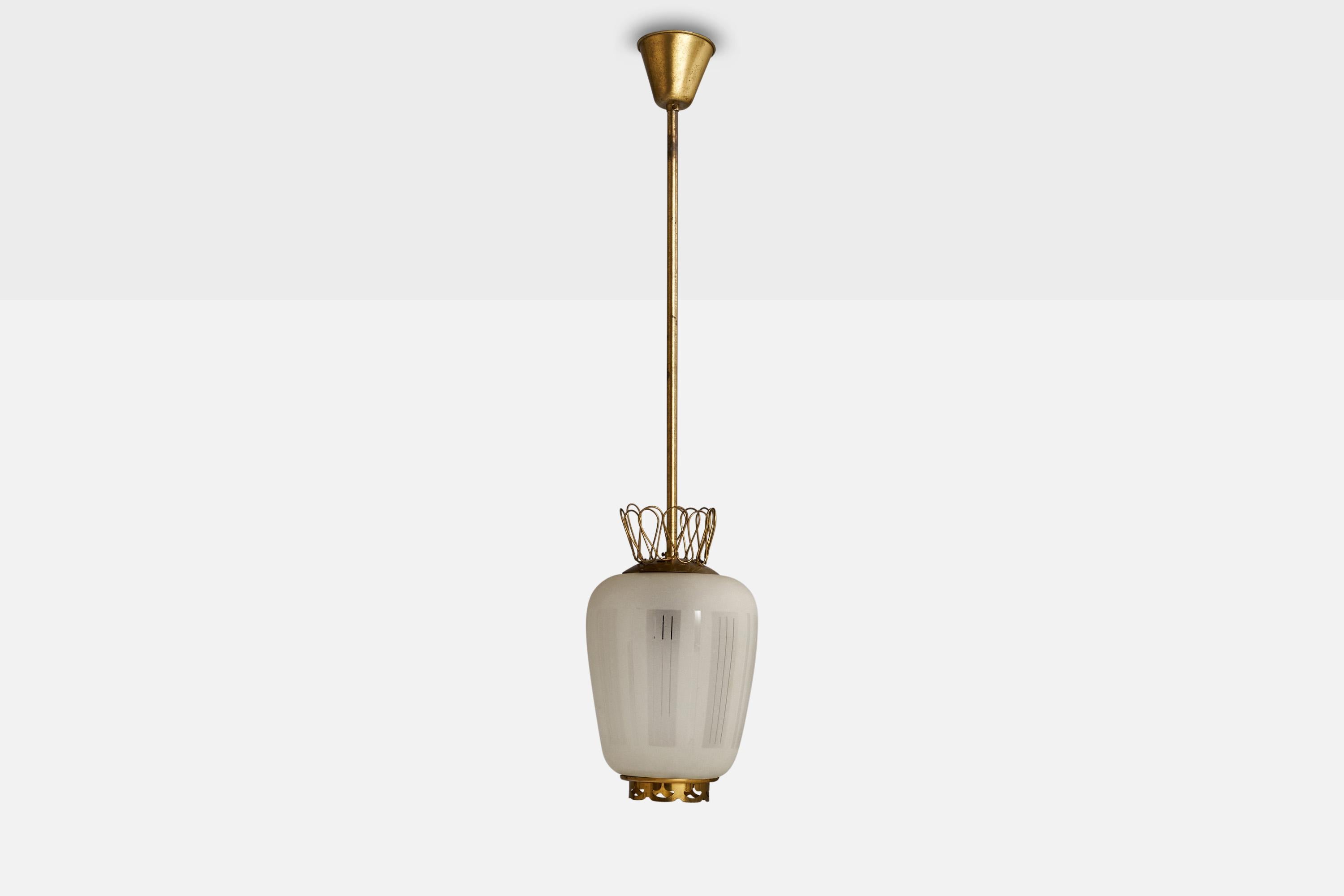Scandinavian Modern Swedish Designer, Pendant Light, Brass, Glass, Sweden, 1930s
