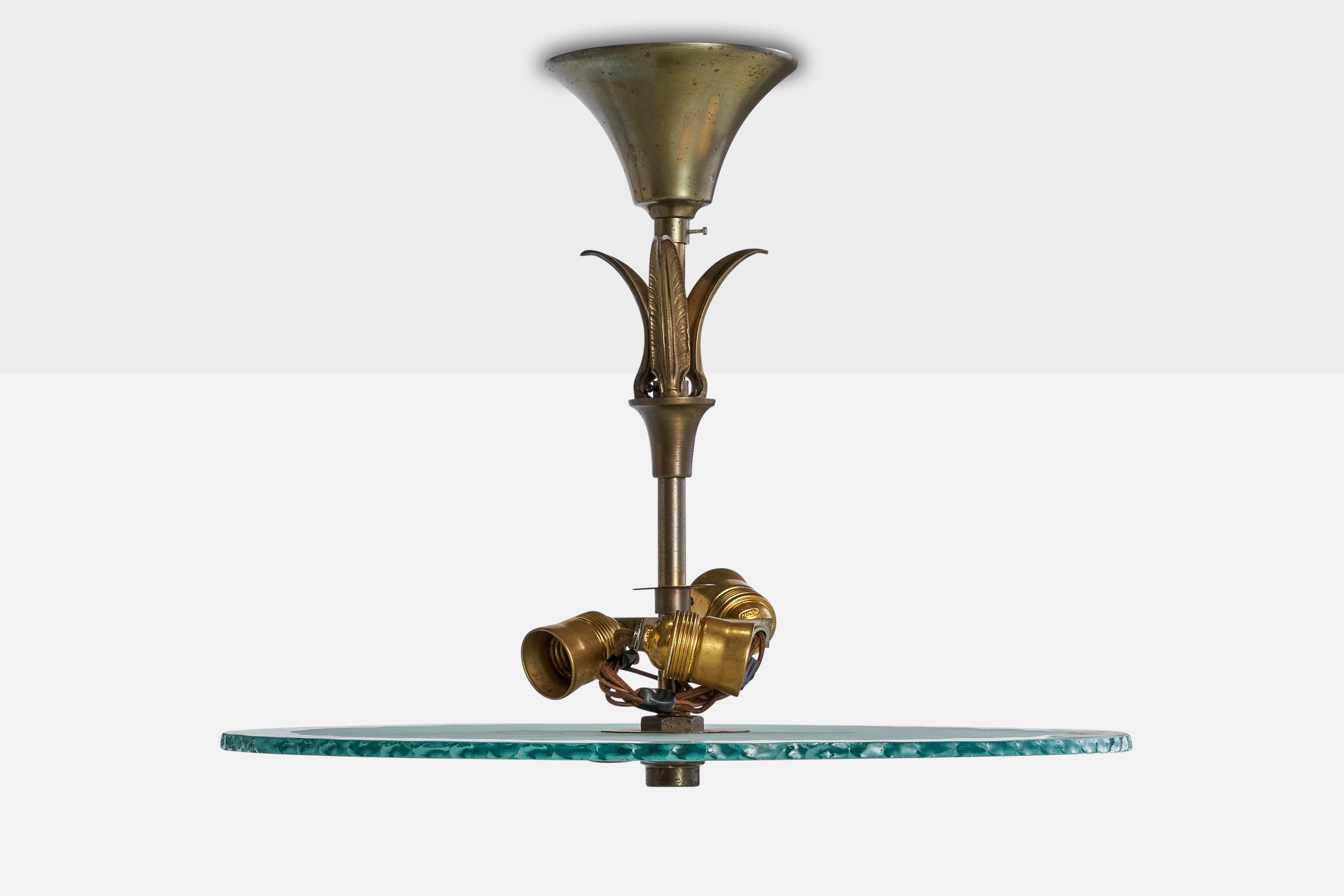 Scandinavian Modern Swedish Designer, Pendant Light, Brass, Glass, Sweden, 1930s