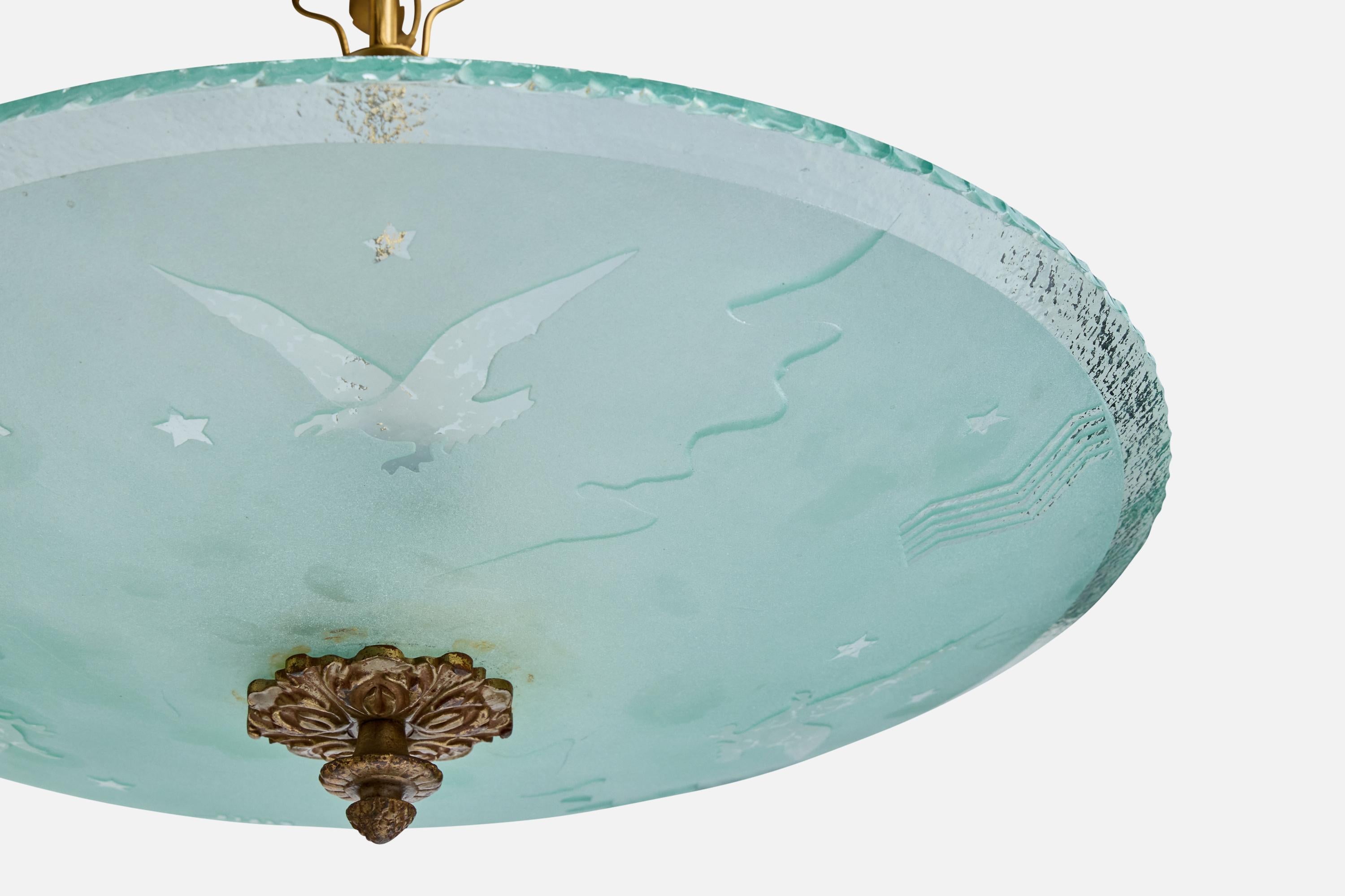 Metà XX secolo Designer svedese, lampada a sospensione, ottone, vetro, Svezia, anni '1930 in vendita