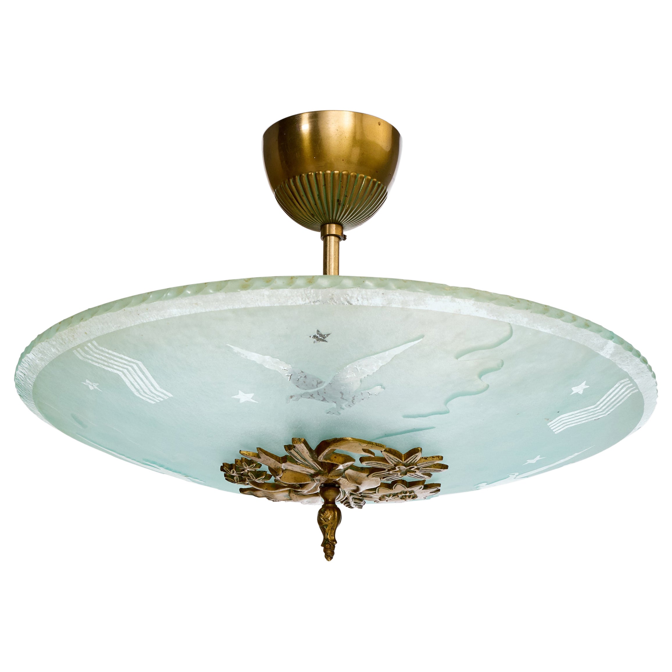 Design suédois, lampe à suspension, laiton, verre, Suède, années 1930