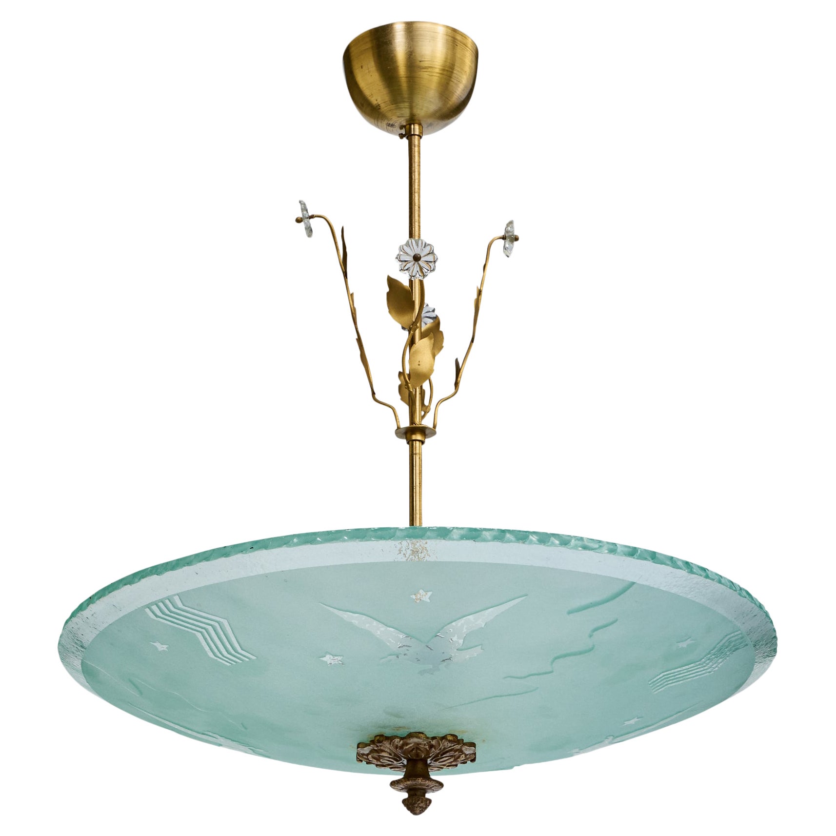 Design suédois, lampe à suspension, laiton, verre, Suède, années 1930
