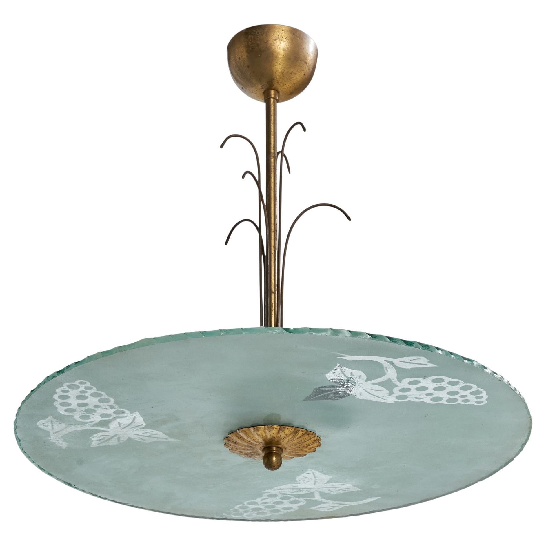 Swedish Designer, Pendant Light, Brass, Glass, Sweden, 1930s