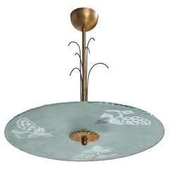 Swedish Designer, Pendant Light, Brass, Glass, Sweden, 1930s