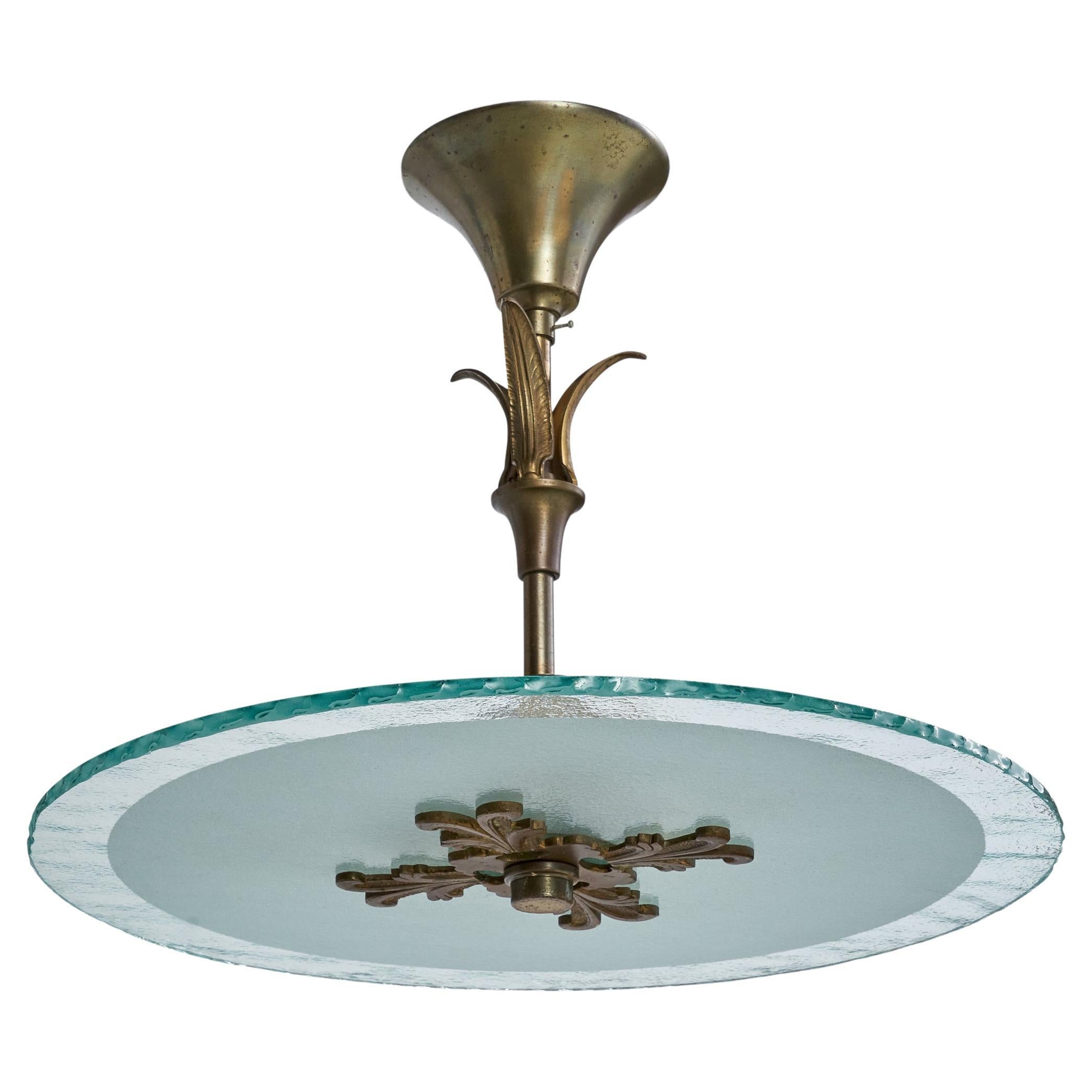 Swedish Designer, Pendant Light, Brass, Glass, Sweden, 1930s