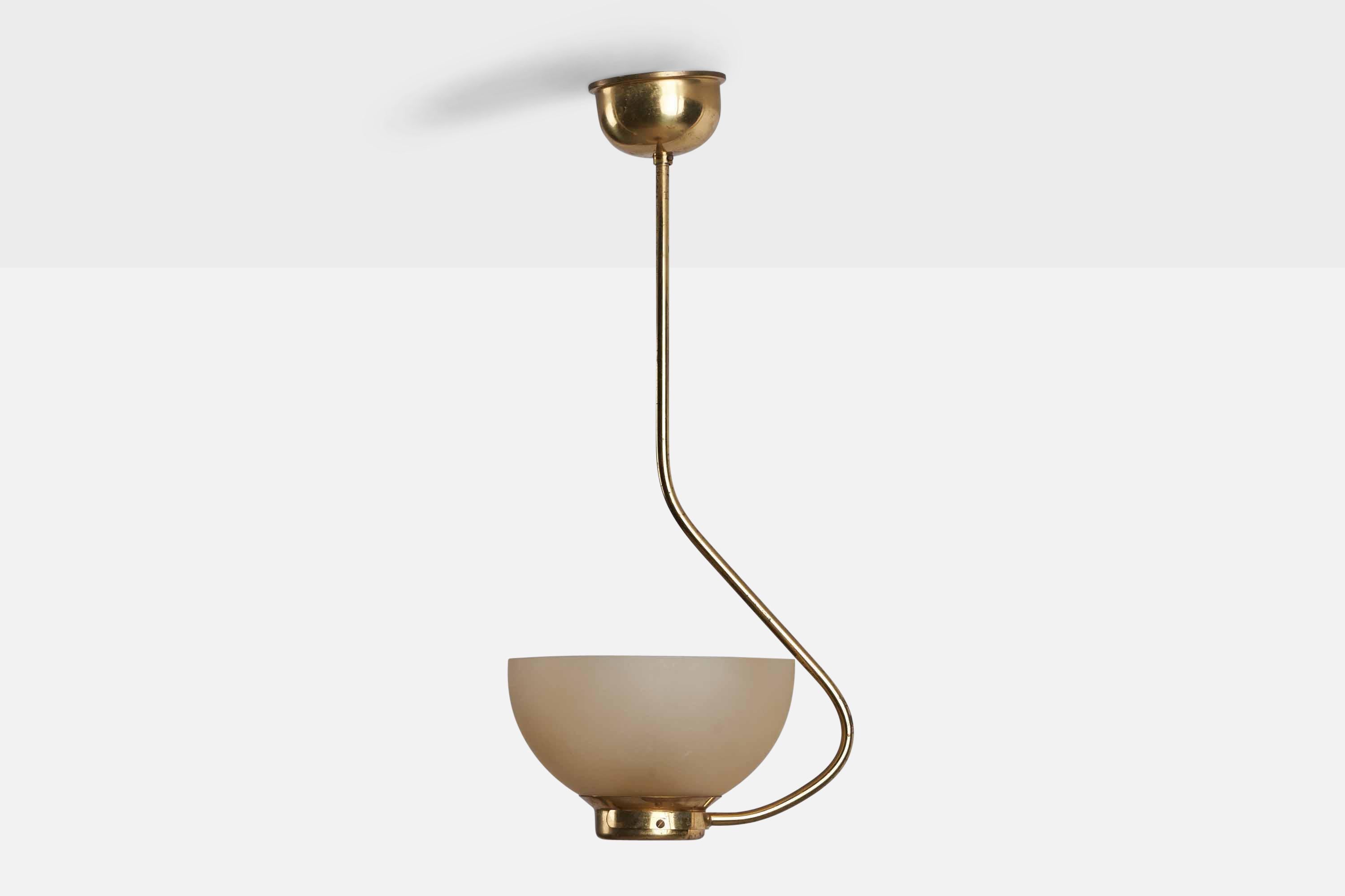 A brass and frosted glass pendant designed and produced in Sweden, 1940s.

Overall Dimensions (inches): 20.5” H x 7.75” W x 9.5” D
Bulb Specifications: E-26 Bulb
Number of Sockets: 1