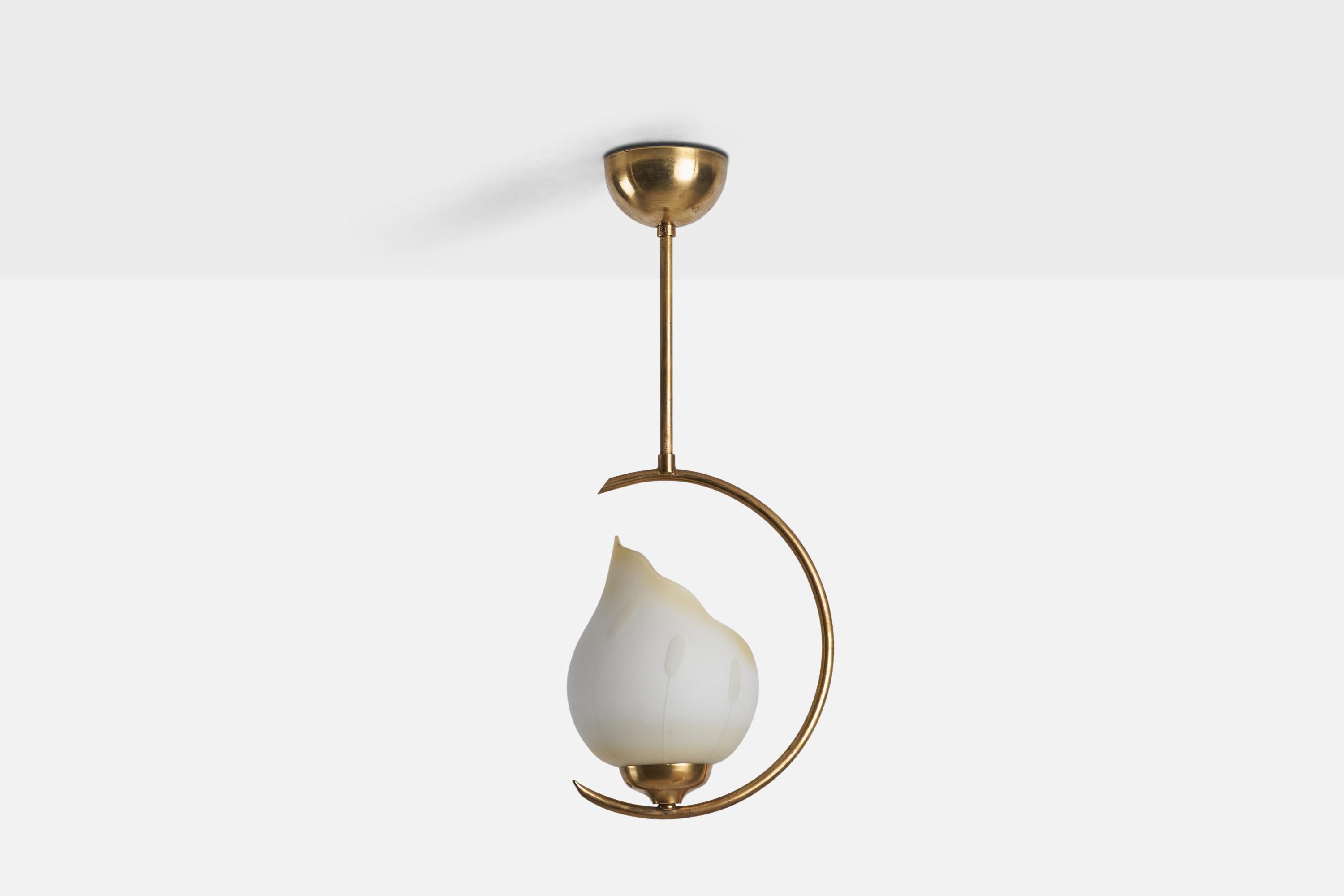 
A brass and glass pendant light designed and produced in Sweden, 1940s.
Dimensions of canopy (inches) : 1.95” H x 3.62” Diameter
Socket takes standard E-26 bulb. There is no maximum wattage stated on the fixture. All lighting will be converted for