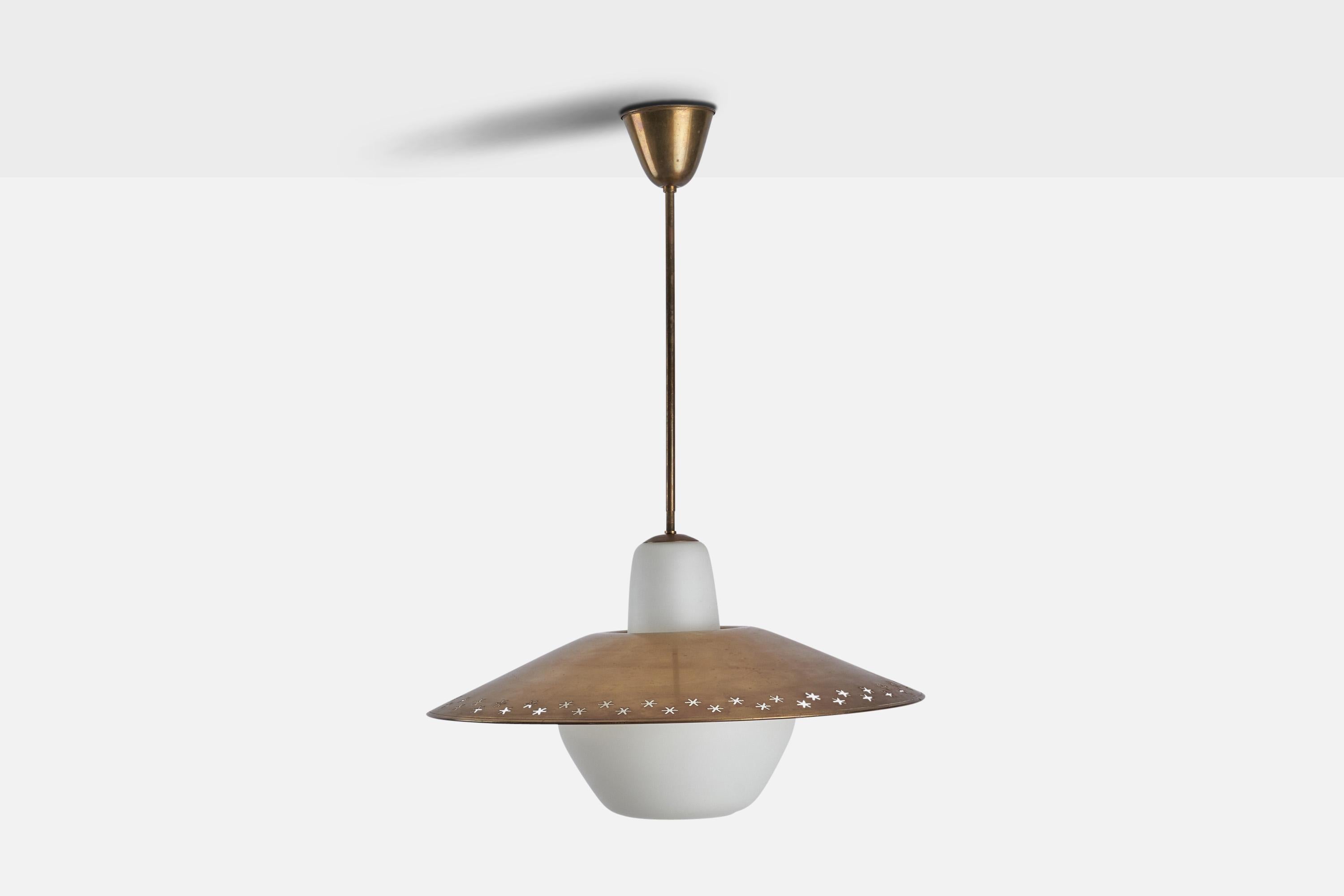 
A brass and opaline glass pendant light designed and produced in Sweden, c. 1940s.
Dimensions of canopy (inches) : 3.15” H x 4” Diameter
Socket takes standard E-26 bulb. There is no maximum wattage stated on the fixture. All lighting will be
