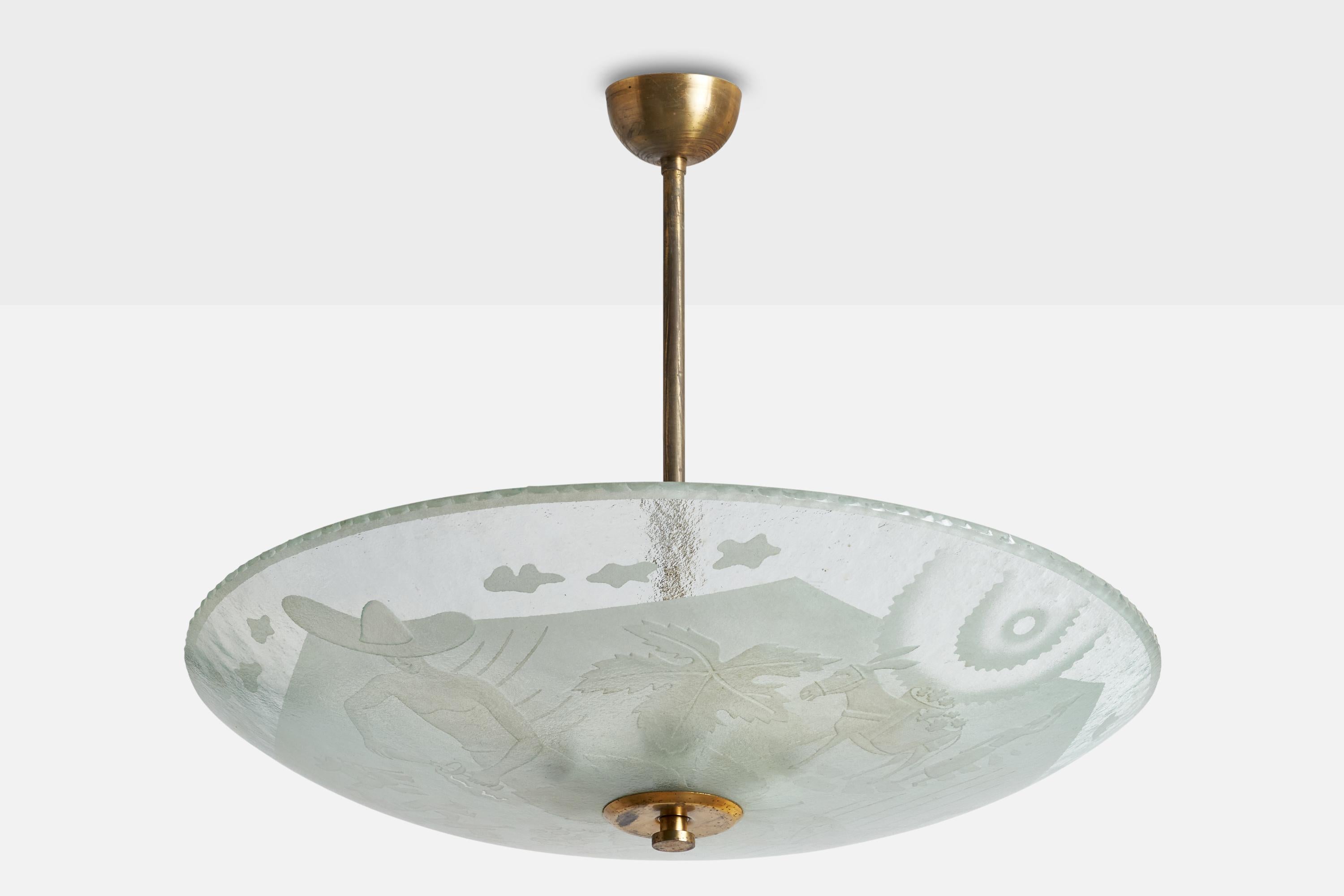 A brass and etched glass pendant designed and produced in Sweden, 1940s.

Dimensions of canopy (inches): 2.5” H x 3.75”  Diameter
Socket takes standard E-26 bulbs. 6 sockets.There is no maximum wattage stated on the fixture. All lighting will be