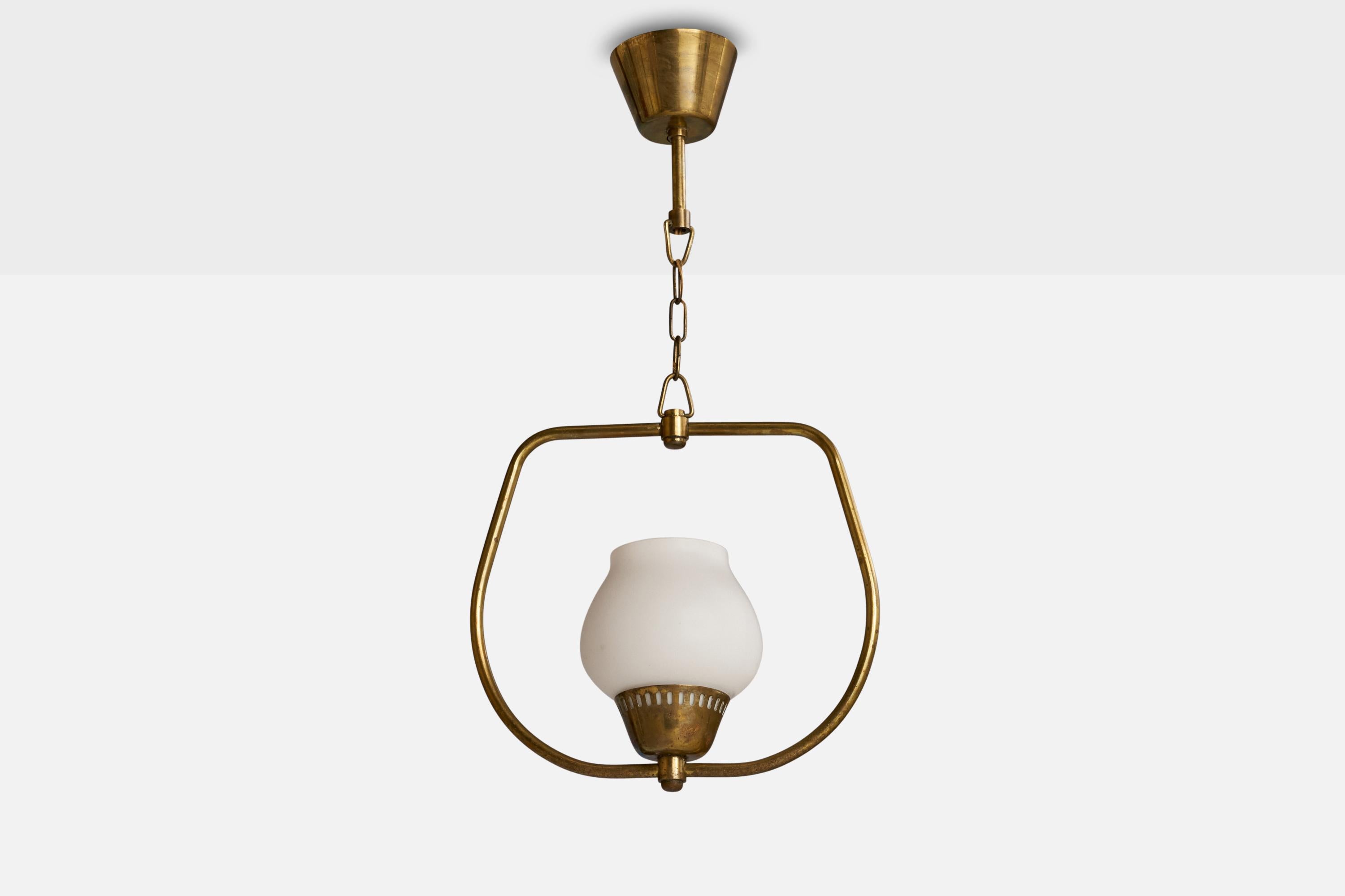 A brass and opaline glass pendant light designed and produced in Sweden, 1940s.

Dimensions of canopy (inches): 2.25” H x 3.5” Diameter
Socket takes standard E-26 bulbs. 1 socket.There is no maximum wattage stated on the fixture. All lighting will