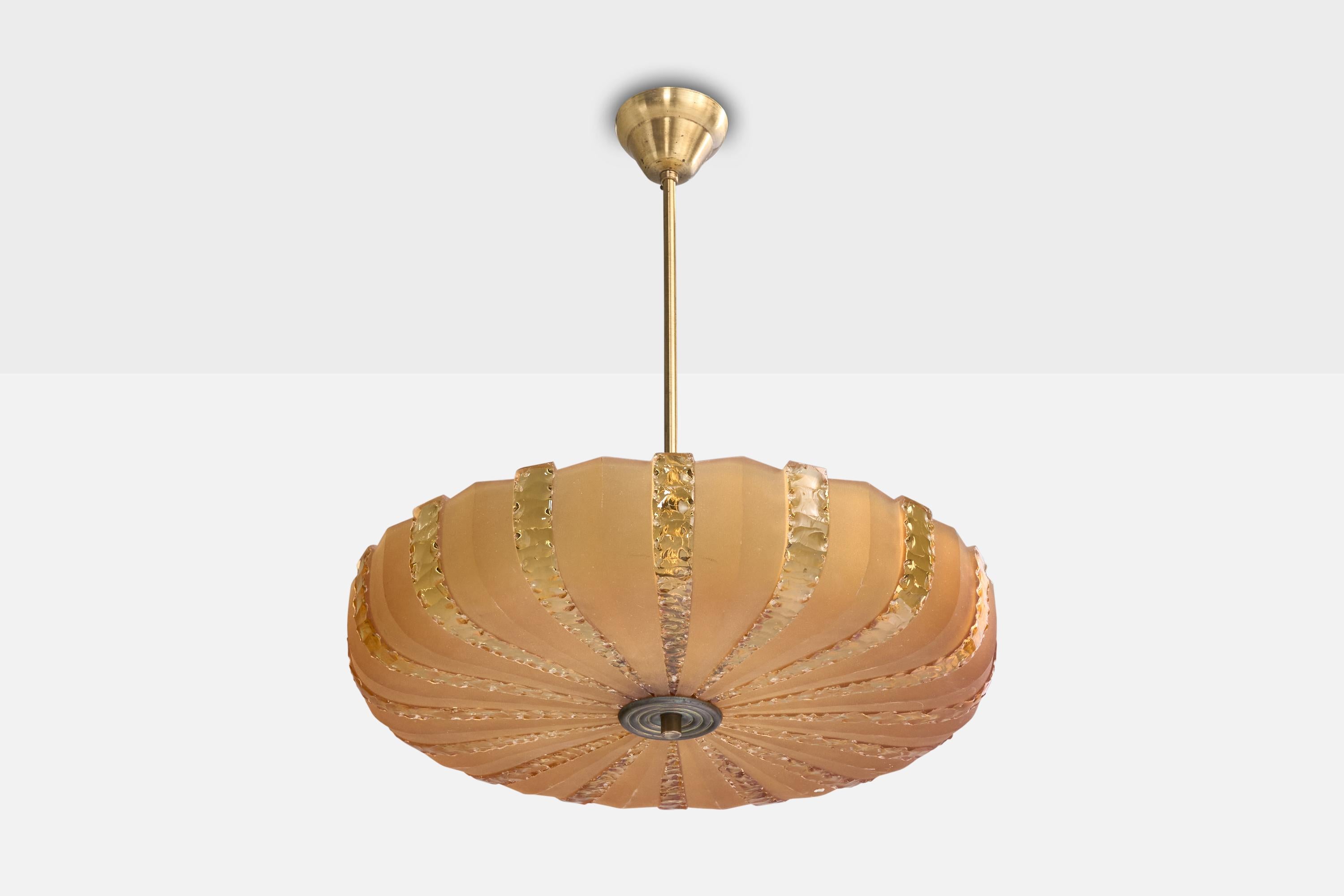 A brass and orange-colored etched glass pendant light designed and produced in Sweden, c. 1940s.

Overall Dimensions (inches): 21” H x 17.5” Diameter

Dimensions of Canopy: 2.25“ H x 3.5” Diameter 

Stem length: 16.5” H

Bulb Specifications: