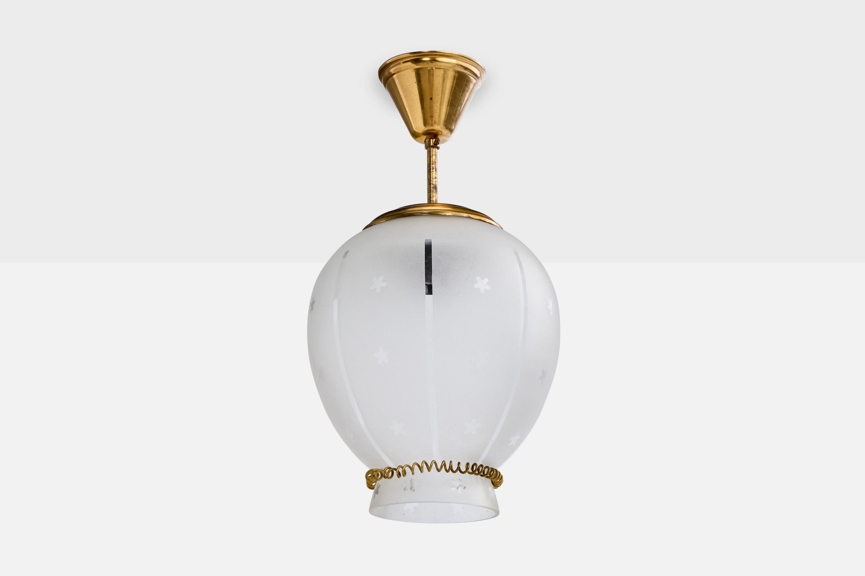 A brass and etched glass pendant light designed and produced in Sweden, c. 1940s.

Overall Dimensions (inches): 14.0