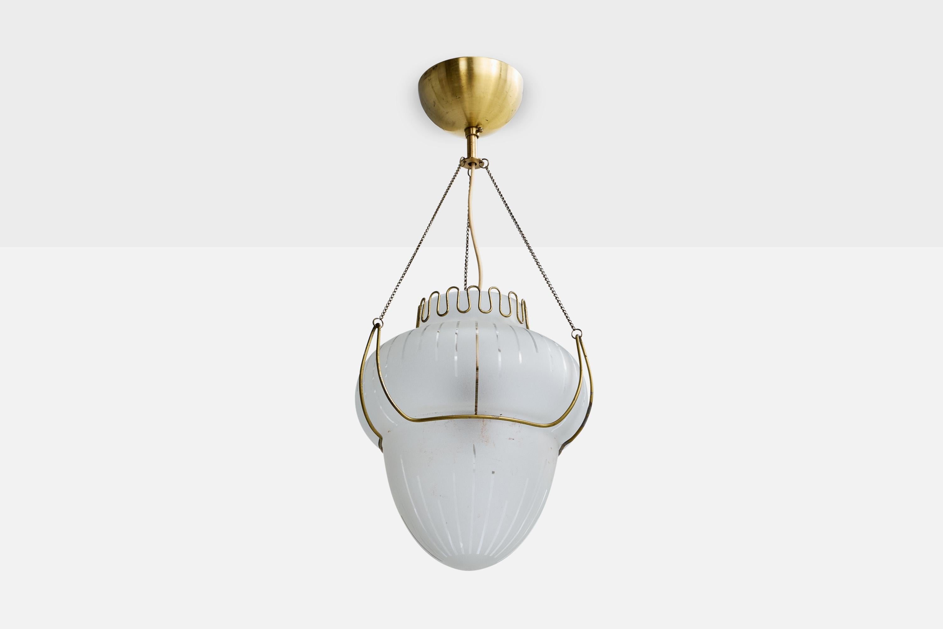 A brass and etched glass pendant light designed and produced in Sweden, c. 1940s.

Oxidation present to brass

Wear consistent with age and use

Overall Dimensions (inches): 
