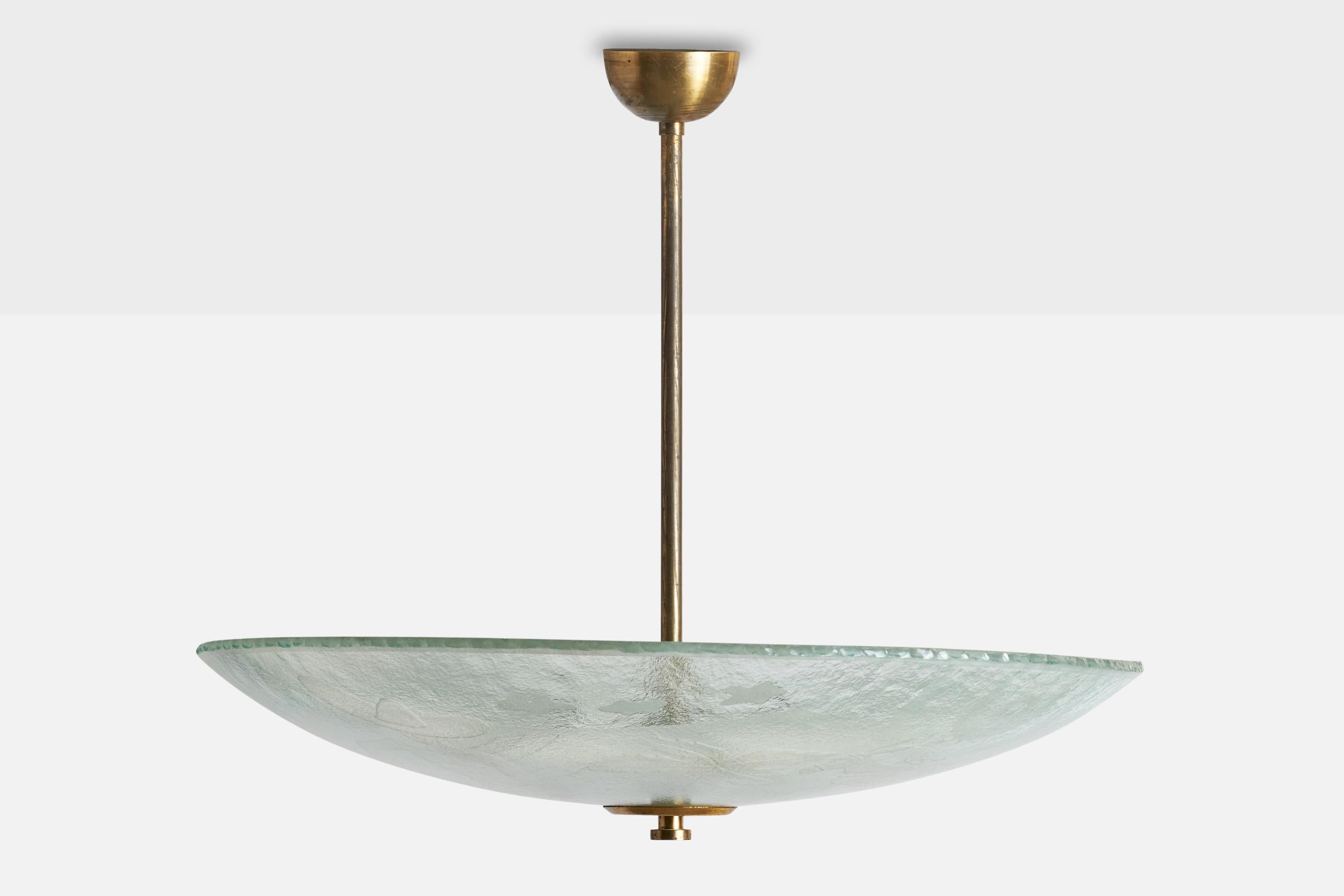 Scandinavian Modern Swedish Designer, Pendant Light, Brass, Glass, Sweden, 1940s For Sale