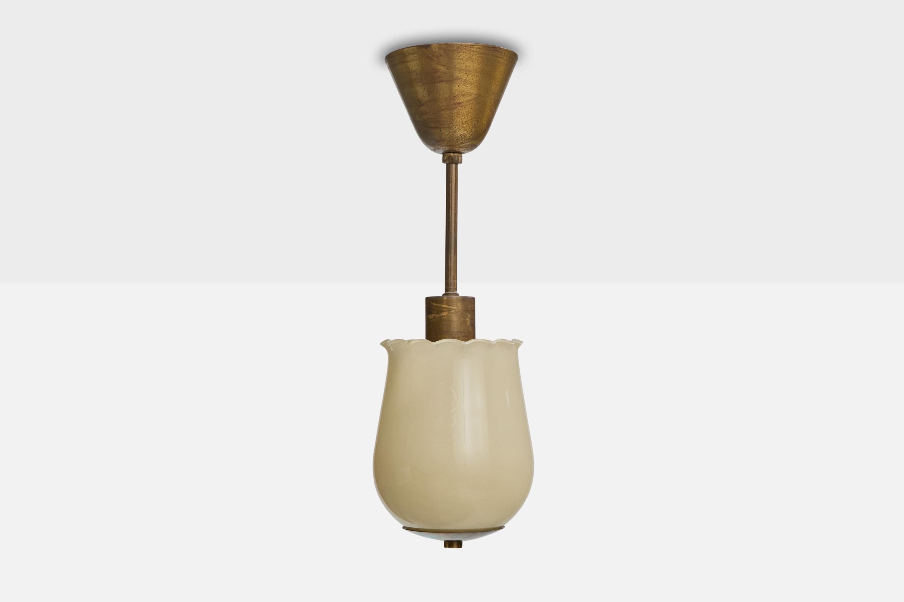 Scandinavian Modern Swedish Designer, Pendant Light, Brass, Glass, Sweden, 1940s