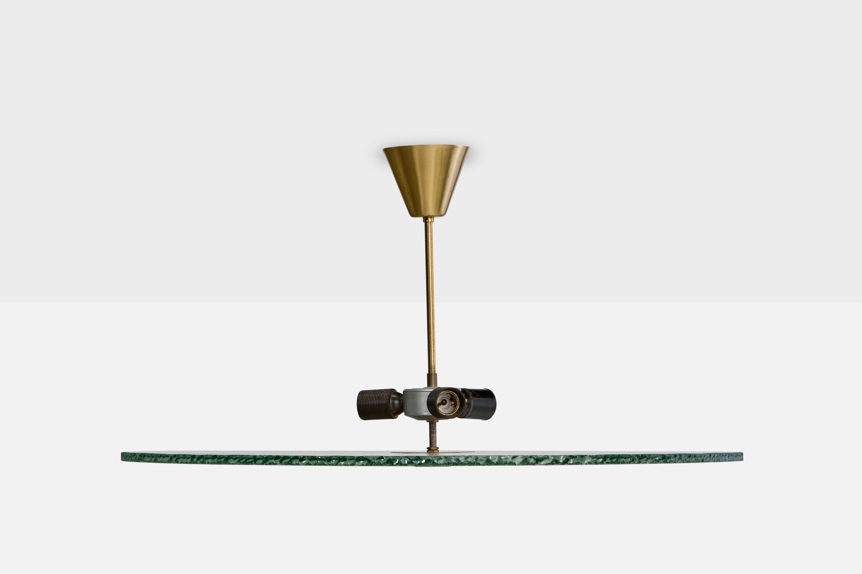 Scandinavian Modern Swedish Designer, Pendant Light, Brass, Glass, Sweden, 1940s For Sale