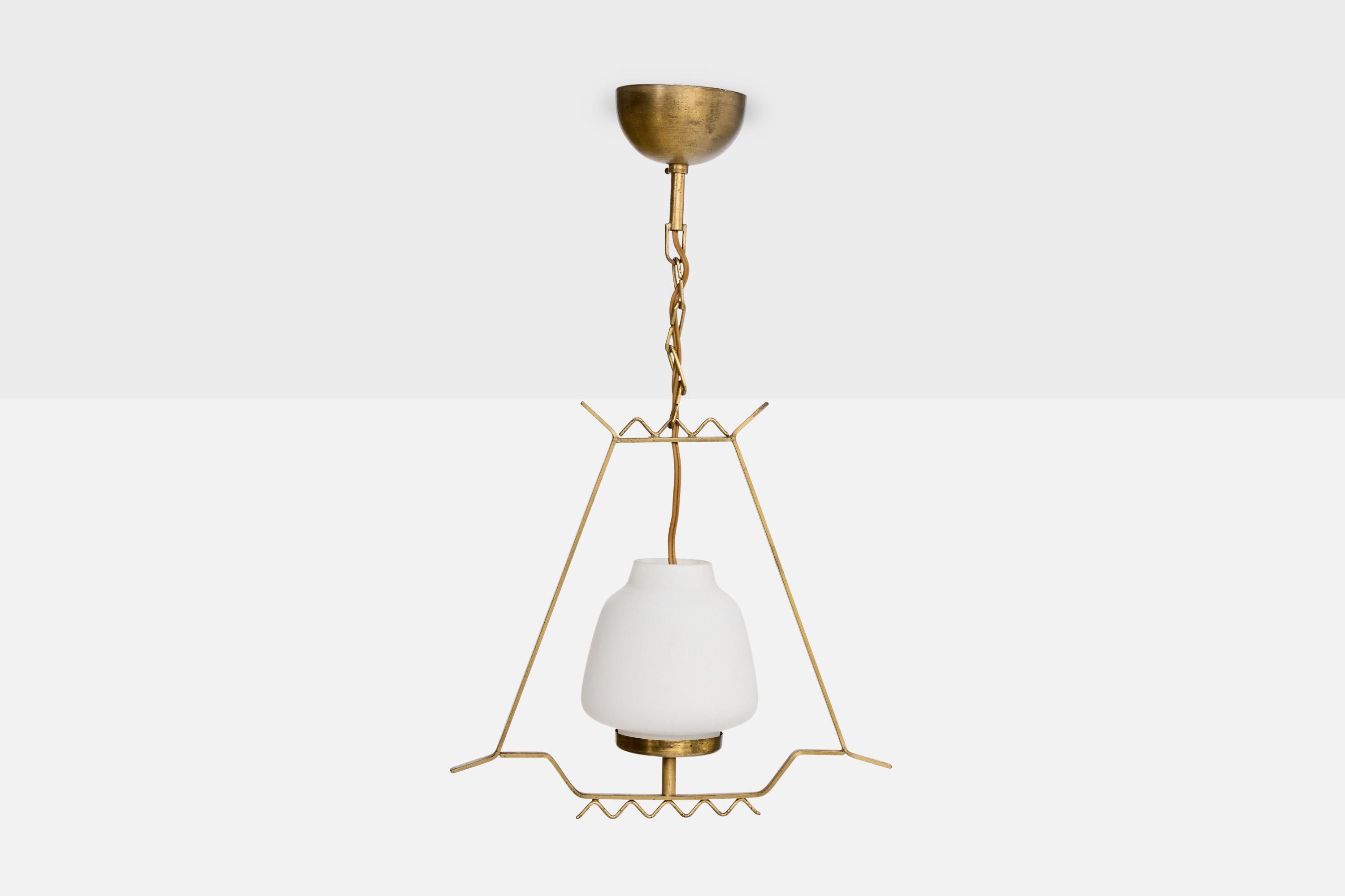 Scandinavo moderno Designer svedese, lampada a sospensione, ottone, vetro, Svezia, anni '1940 in vendita
