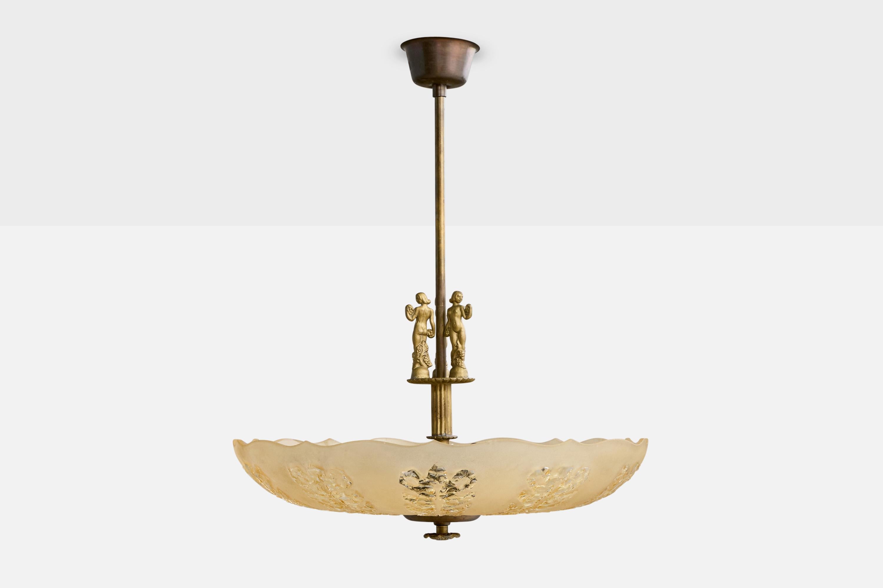 Scandinave moderne Design suédois, lampe à suspension, laiton, verre, Suède, années 1940 en vente