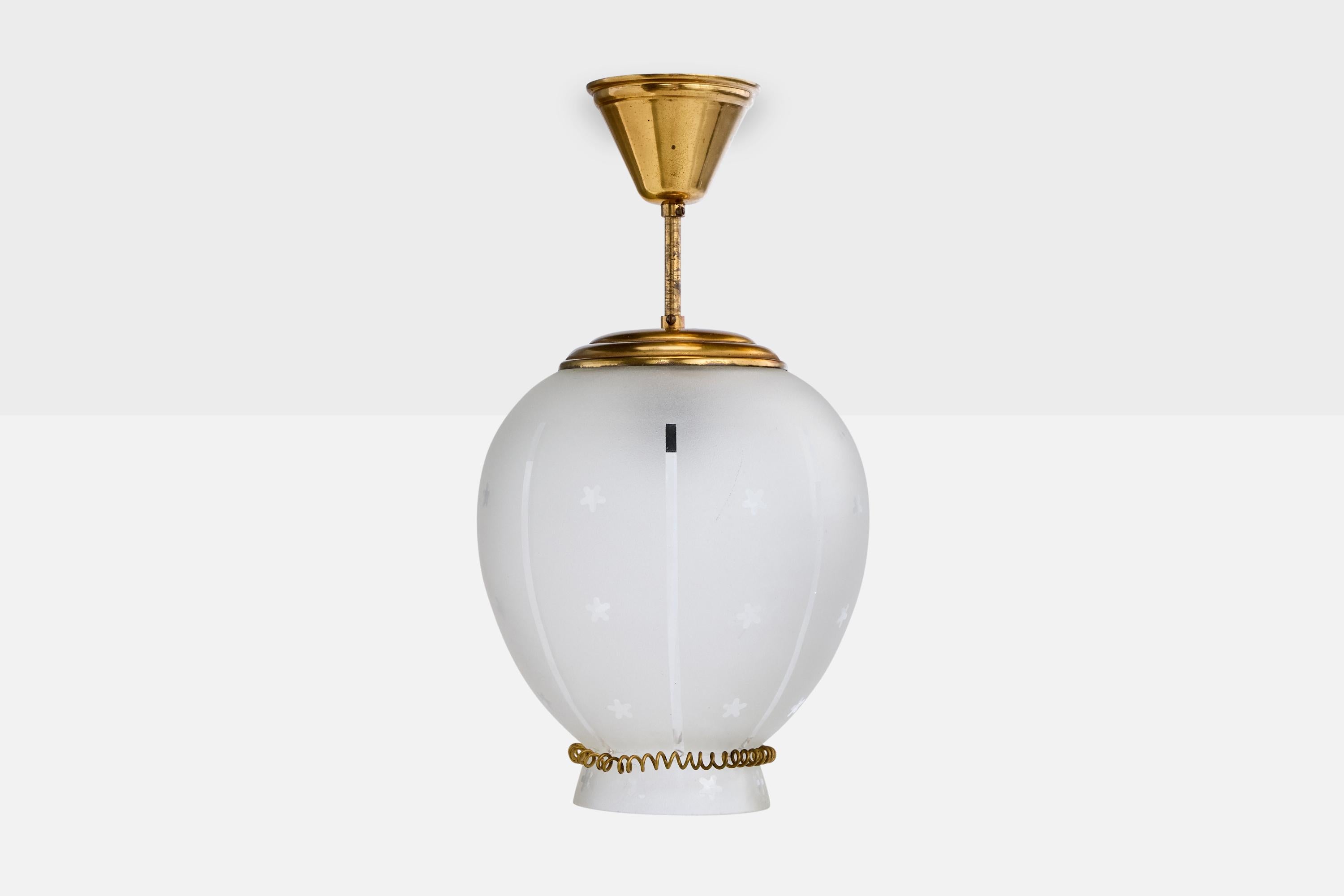 Scandinavian Modern Swedish Designer, Pendant Light, Brass, Glass, Sweden, 1940s For Sale