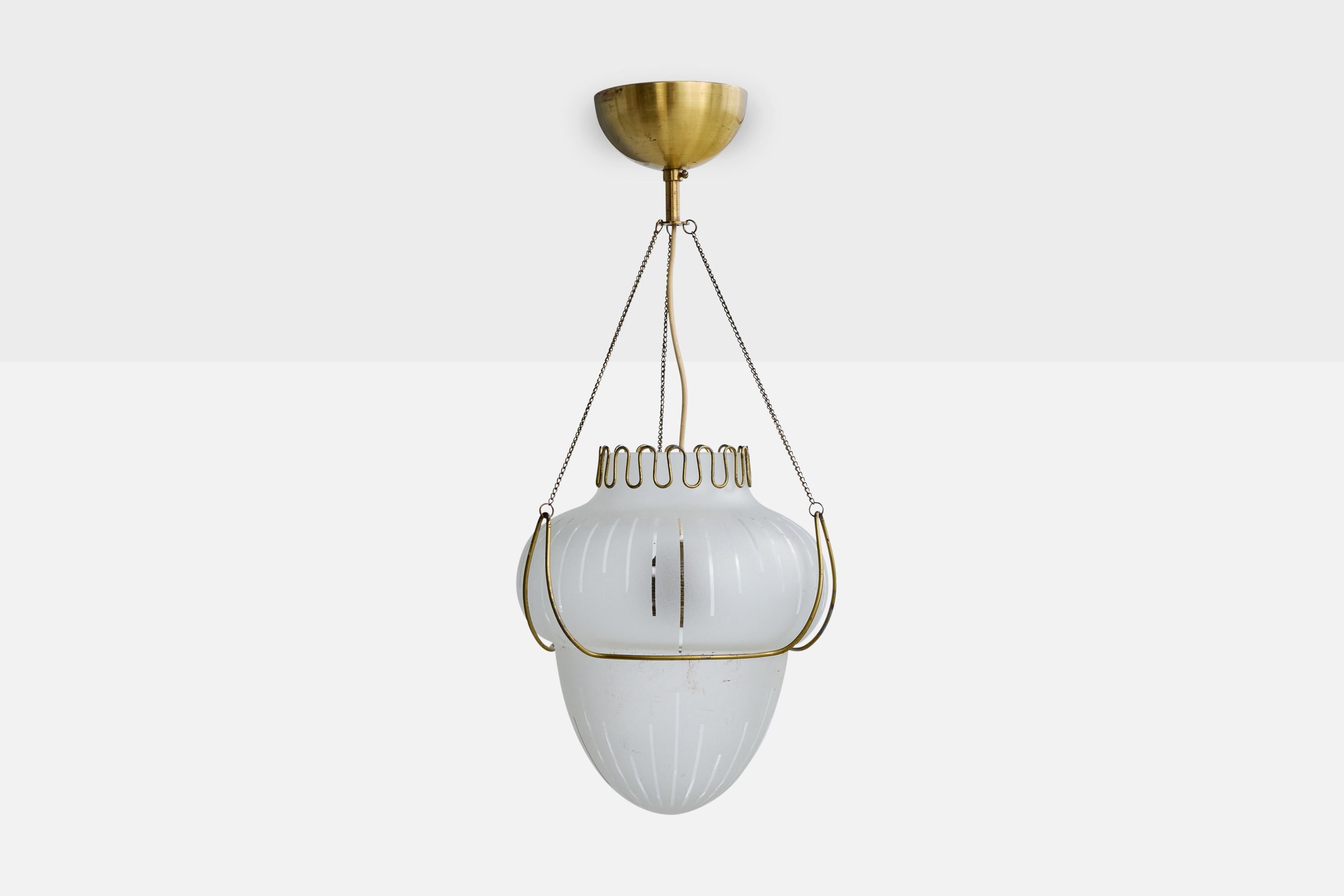 Scandinavian Modern Swedish Designer, Pendant Light, Brass, Glass, Sweden, 1940s For Sale